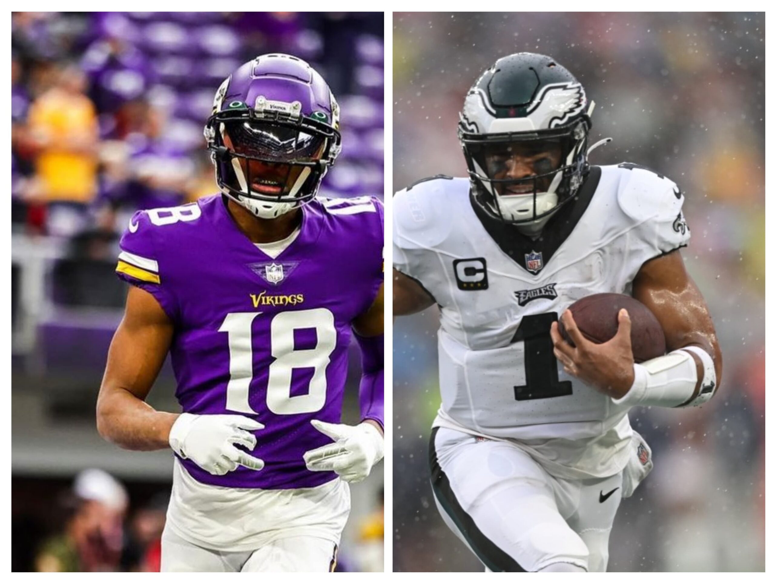 JUSTIN JEFFERSON DE LOS VIKINGS (IZQUIERDA) Y JALEN HURTS DE LOS EAGLES (DERECHA)