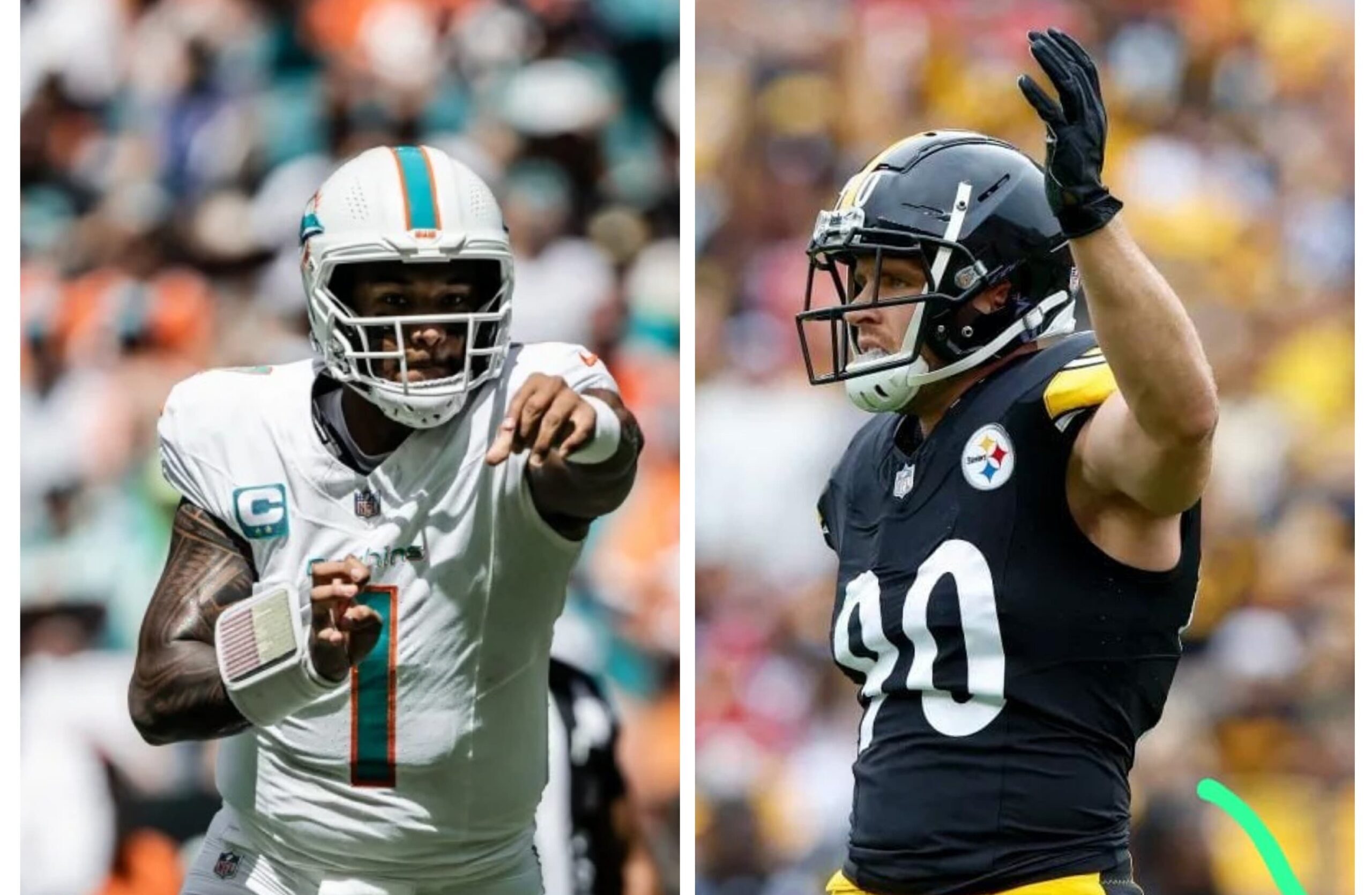 TUA TAGOVAILOA DE LOS DOLPHINS (IZQUIERDA) Y TJ WATT DE LOS STEELERS (DERECHA)