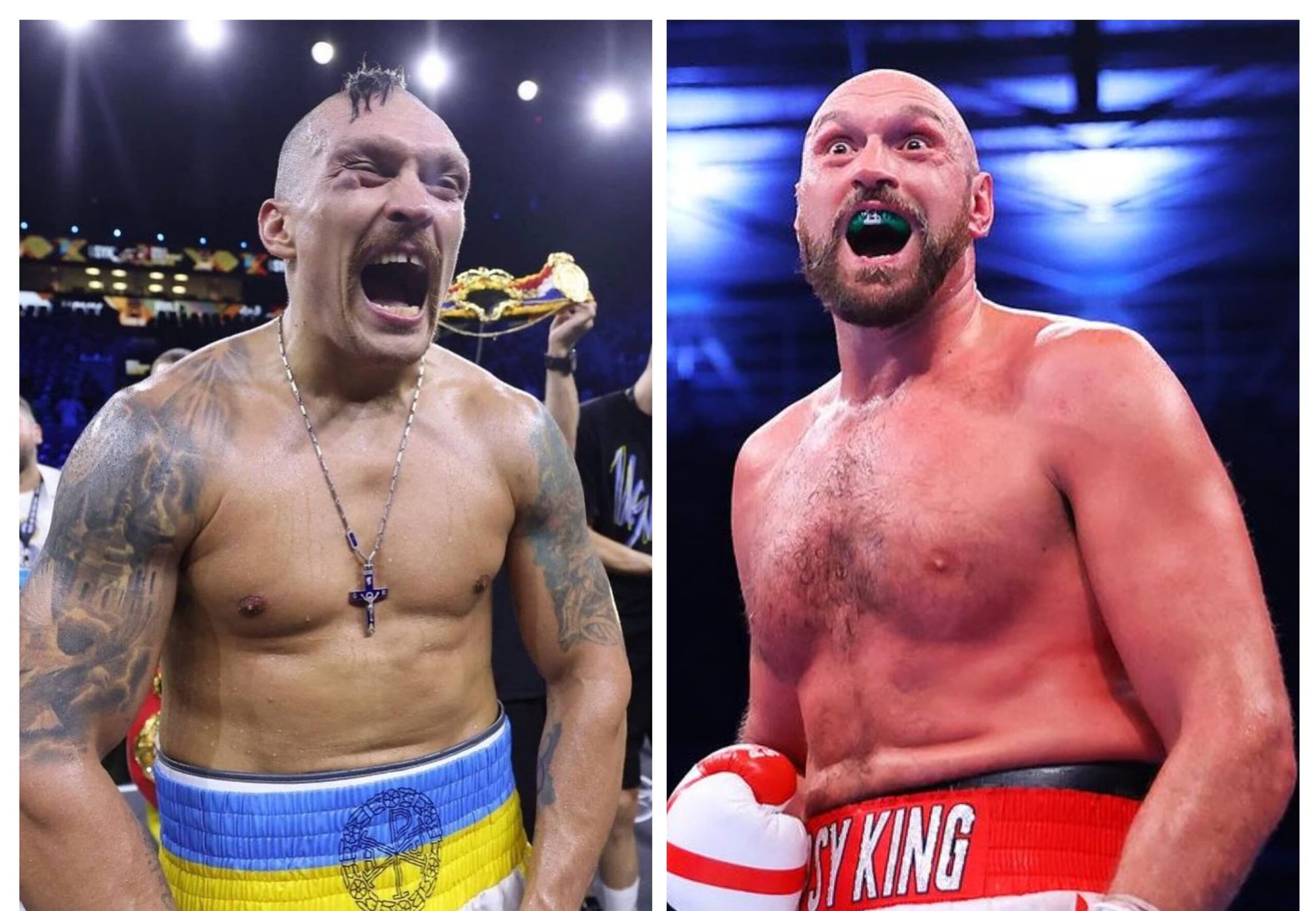 OLEKSANDR USYK (IZQUIERDA) DURANTE UNA PELEA, Y TYSON FURY (DERECHA) EN UN COMBATE