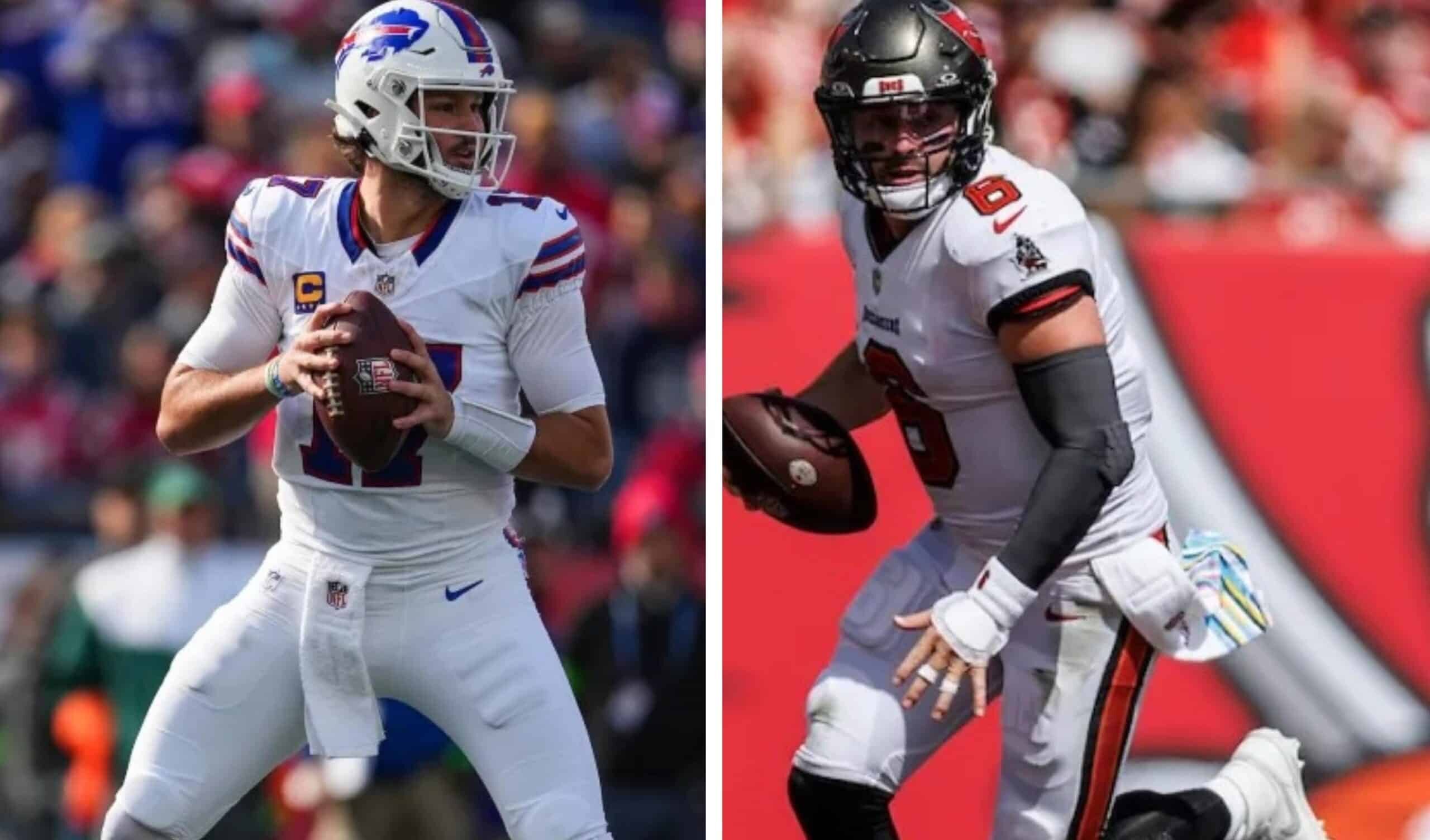 JOSH ALLEN (IZQUIERDA) DE LOS BILLS, Y BAKER MAYFIELD (DERECHA) DE LOS BUCCANEERS