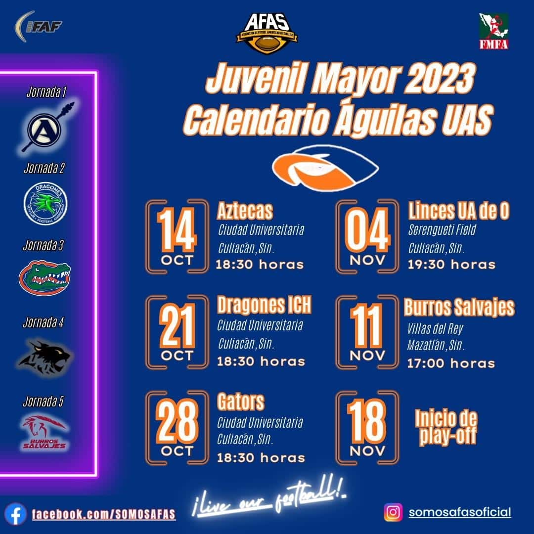 CALENDARIO ÁGUILAS UAS EN LA TEMPORADA AFAS 2023