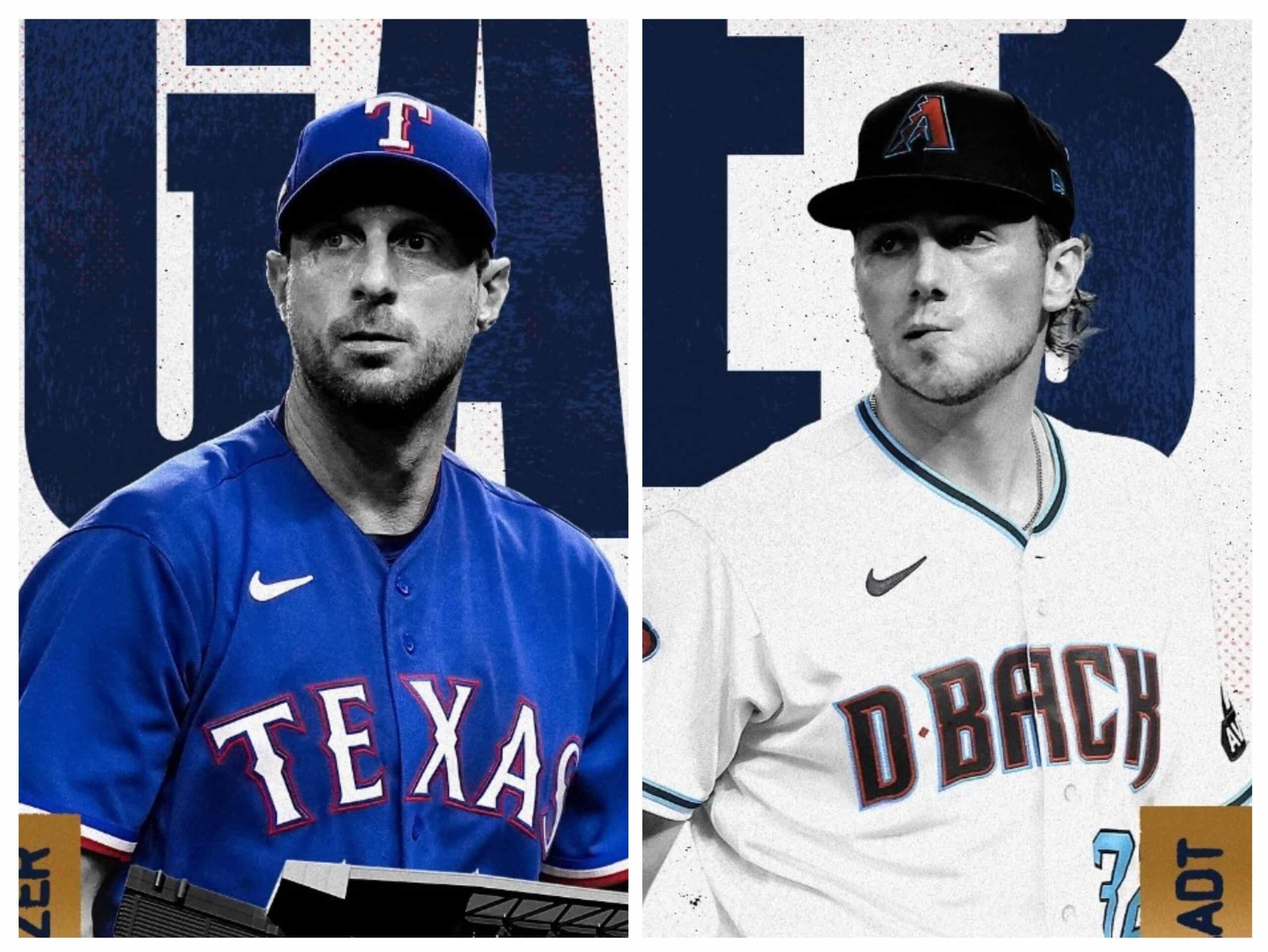 MAX SCHERZER DE LOS RANGERS (IZQUIERDA) Y BRANDON PFAADT (DERECHA) DE LOS DIAMONDBACKS