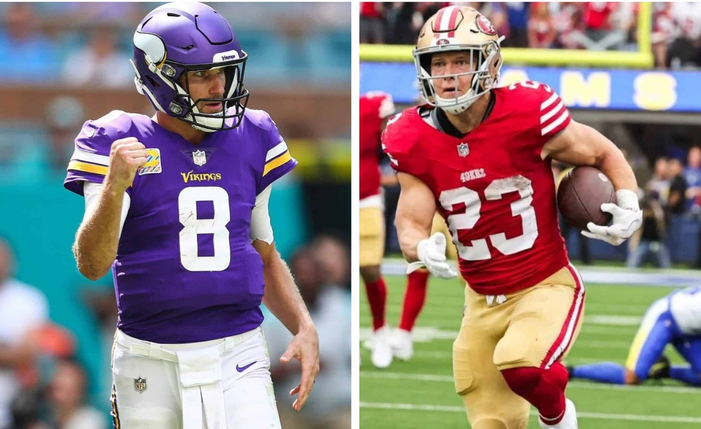 KIRK COUSINS (IZQUIERDA) DE LOS VIKINGS Y CHRISTIAN MCCAFFREY (DERECHA) DE LOS 49ERS