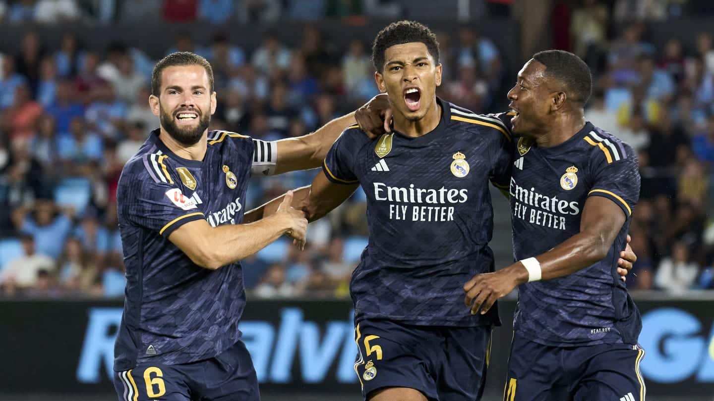Bellingham festejando gol con Alaba y Nacho