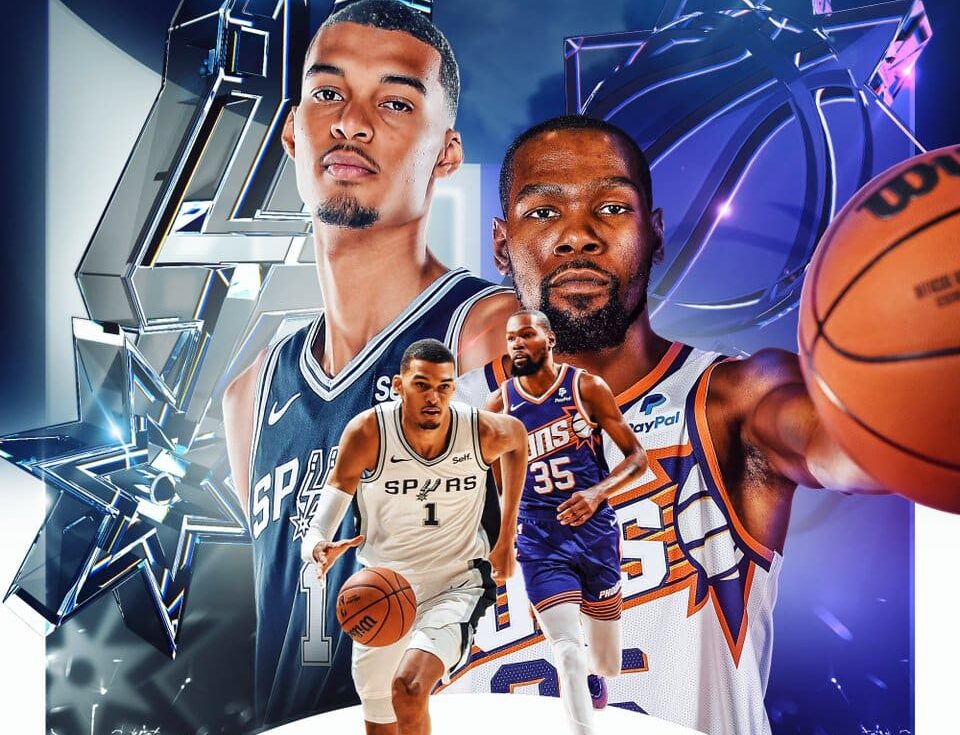 POSTER DEL DUELO ENTRE SUNS Y SPURS, CON WEMBANYAMA Y DURANT EN EL MISMO