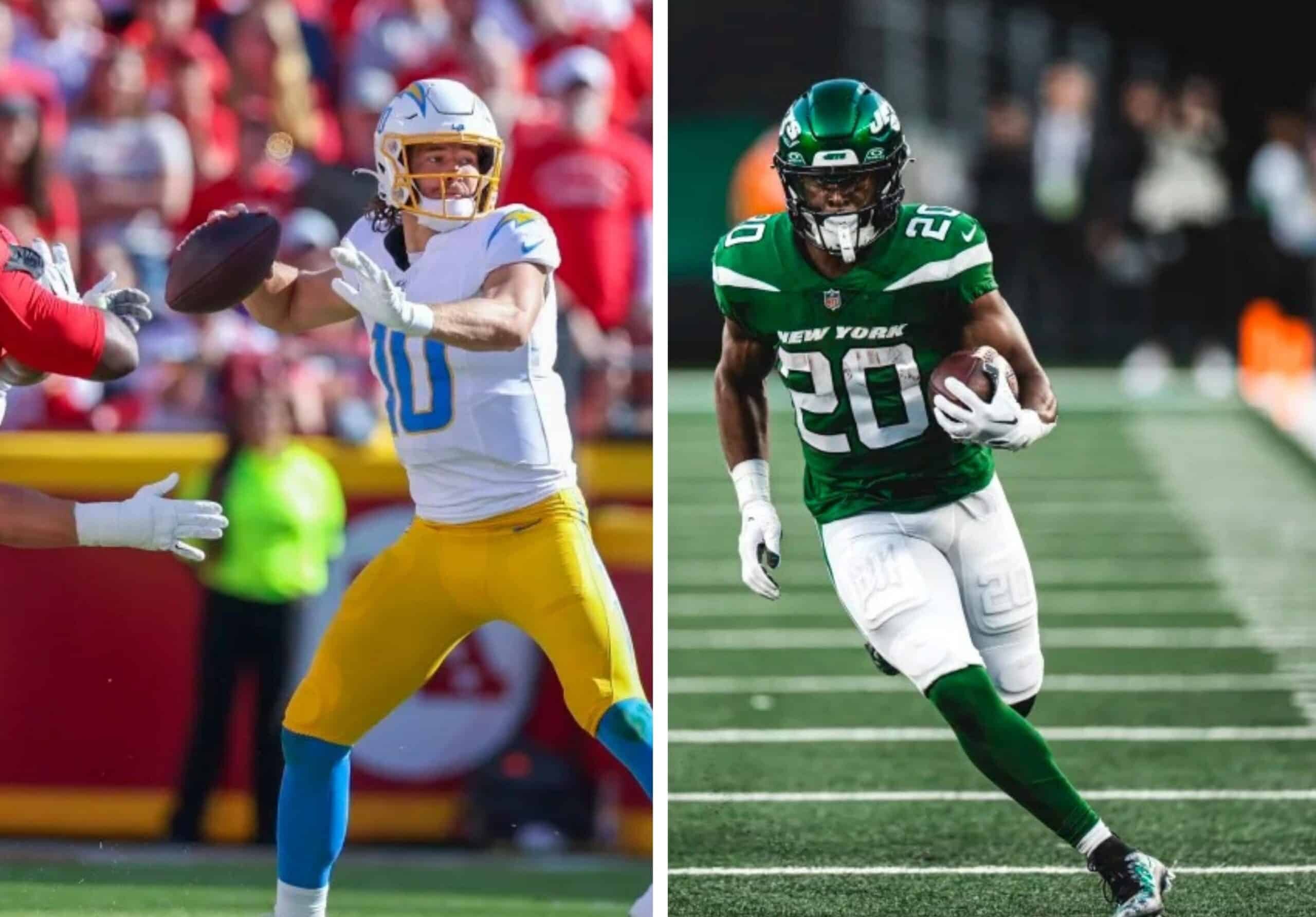 JUSTIN HERBERT DE LOS CHARGERS A LA IZQUIERDA, Y BREECE HALL DE LOS JETS A LA DERECHA