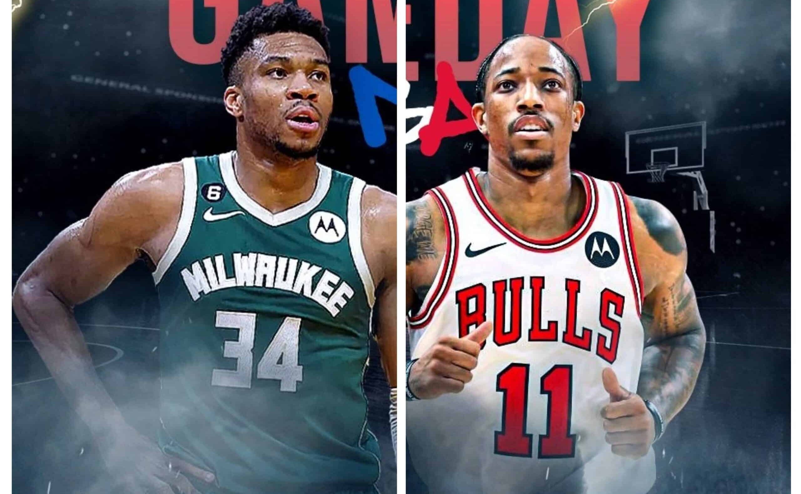 GIANNIS ANTETOKOUNMPO DE LOS BUCKS A LA IZQUIERDA, Y DEMAR DEROZAN DE LOS BULLS A LA DERECHA