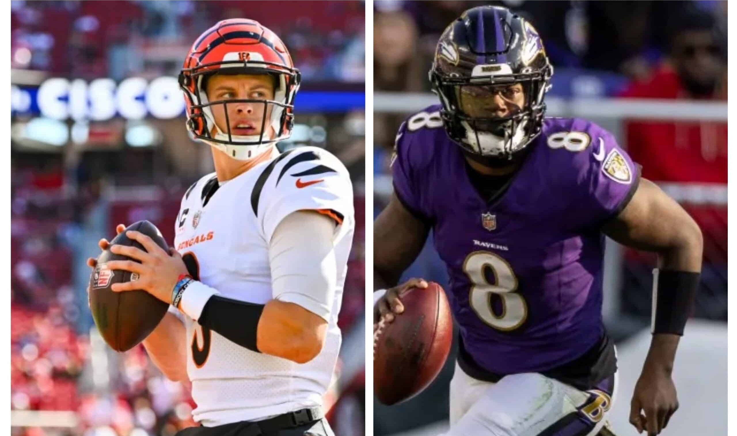 JOE BURROW DE LOS BENGALS A LA IZQUIERDA, Y LAMAR JACKSON DE LOS RAVENS A LA DERECHA