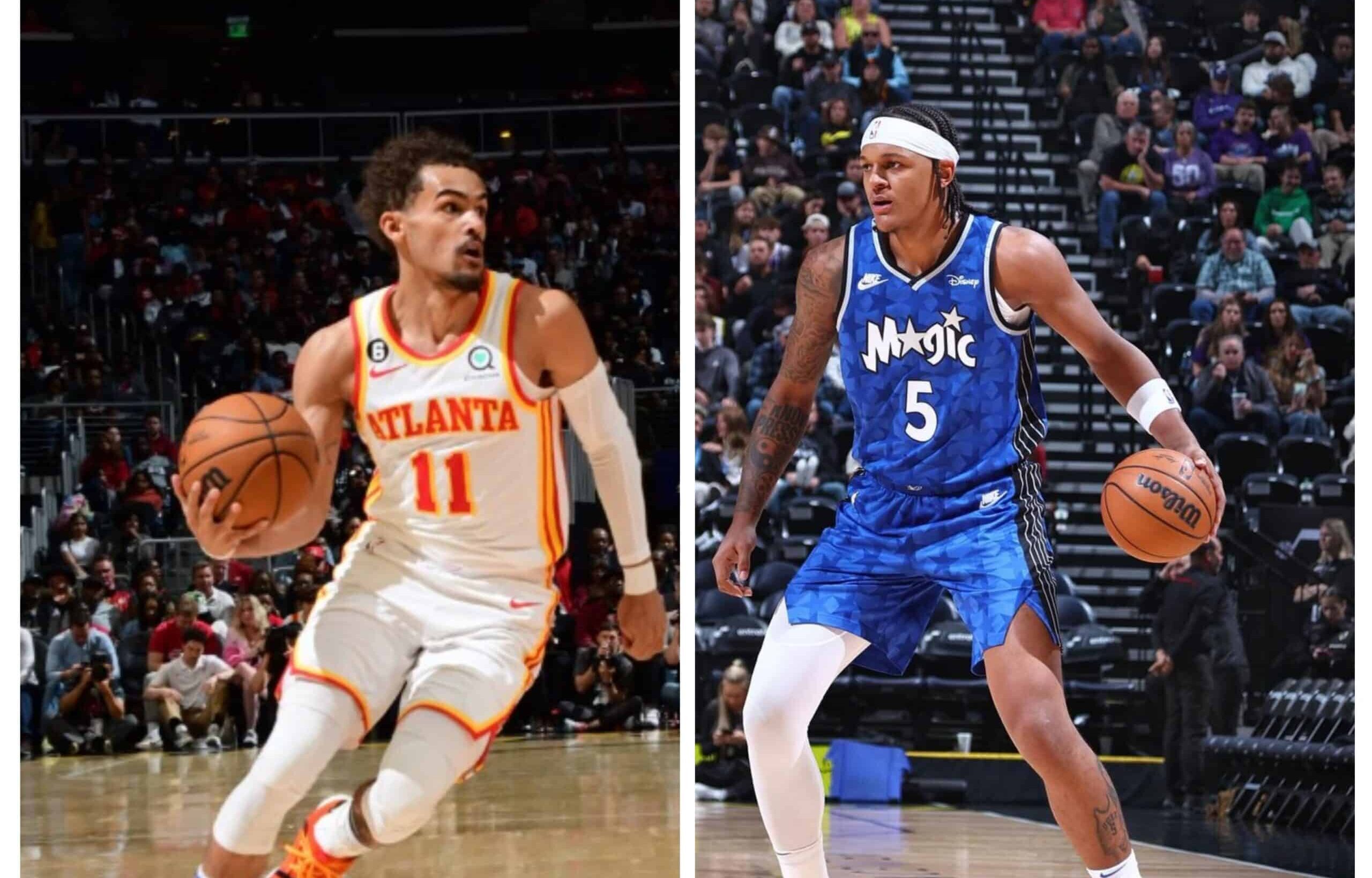 TRAE YOUNG DE LOS HAWKS A LA IZQUIERDA Y PAOLO BANCHERO DEL MAGIC A LA DERECHA