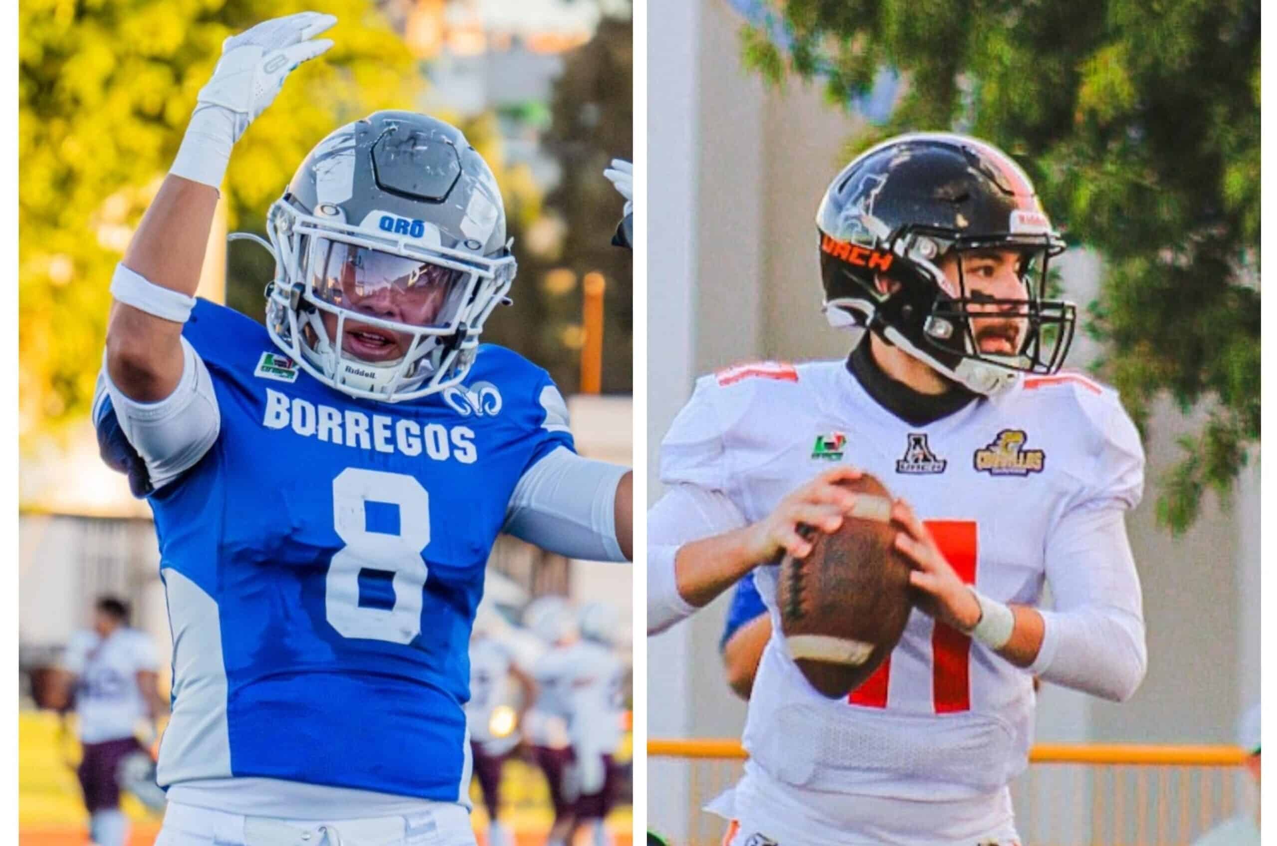 JUGADOR DE BORREGOS A LA IZQUIERDA CELEBRA, Y JUGADOR DE ÁGUILAS A LA DERECHA DURANTE UN PARTIDO DE LA CONFERENCIA NACIONAL DE LA ONEFA