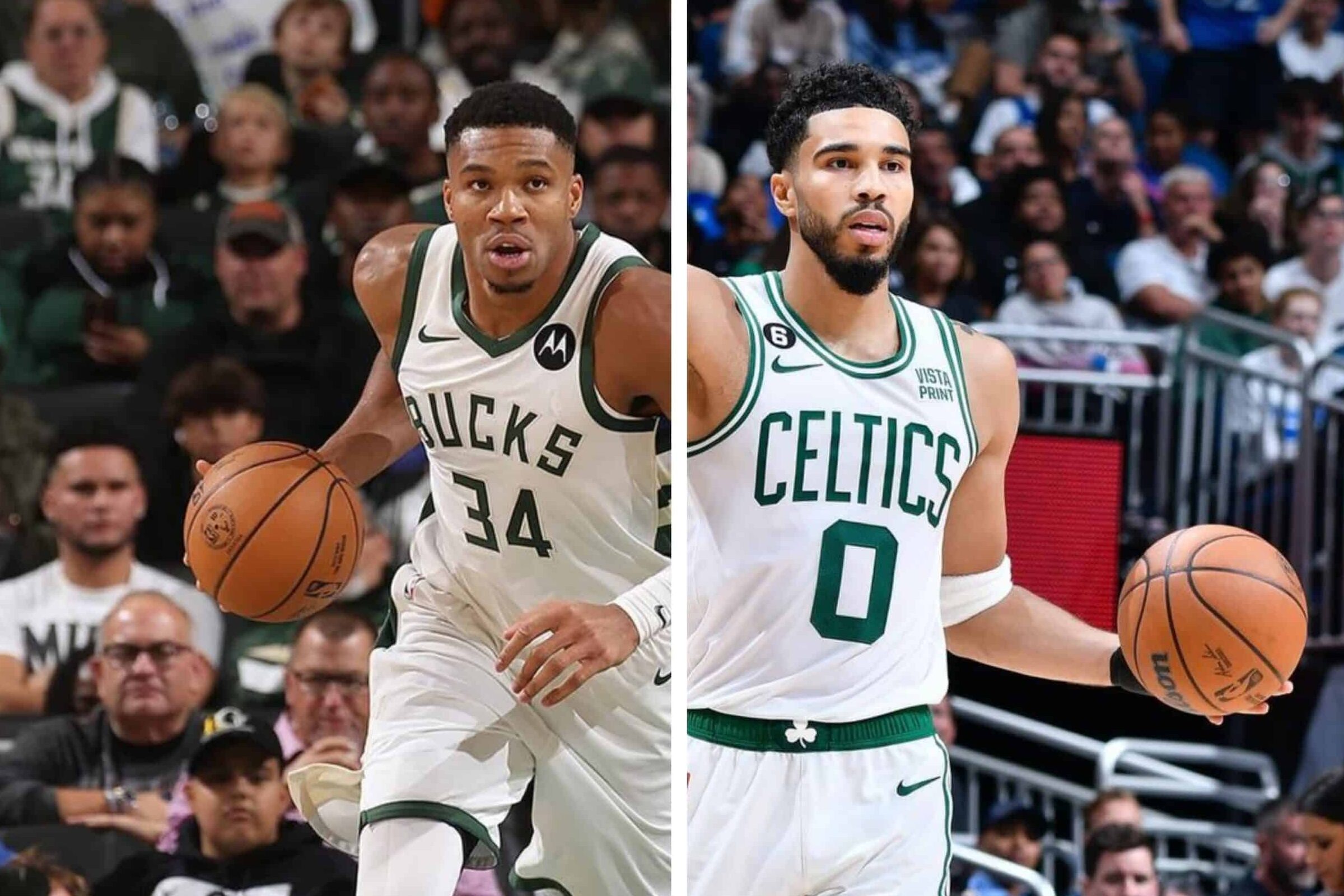 GIANNIS ANTETOKOUNMPO DE LOS BUCKS A LA IZQUIERDA Y JAYSON TATUM DE LOS CELTICS A LA DERECHA