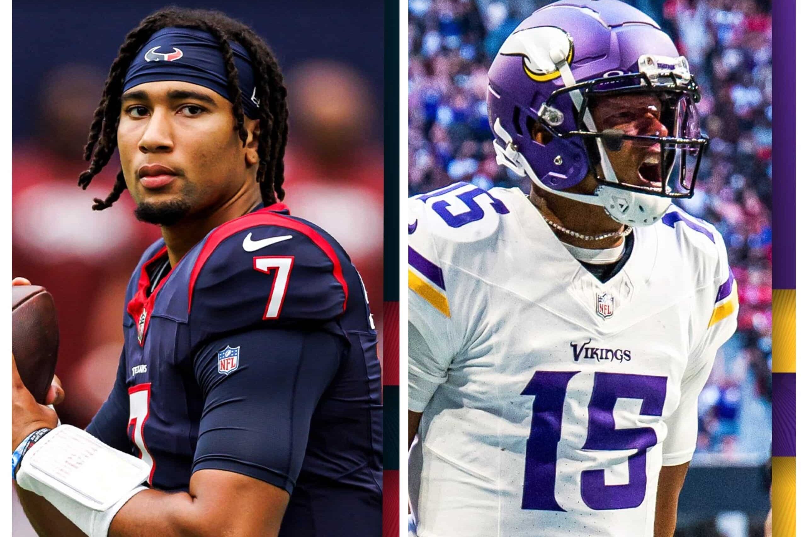 CJ STROUD DE LOS TEXANS A LA IZQUIERDA Y JOSHUA DOBBS DE LOS VIKINGS A LA DERECHA