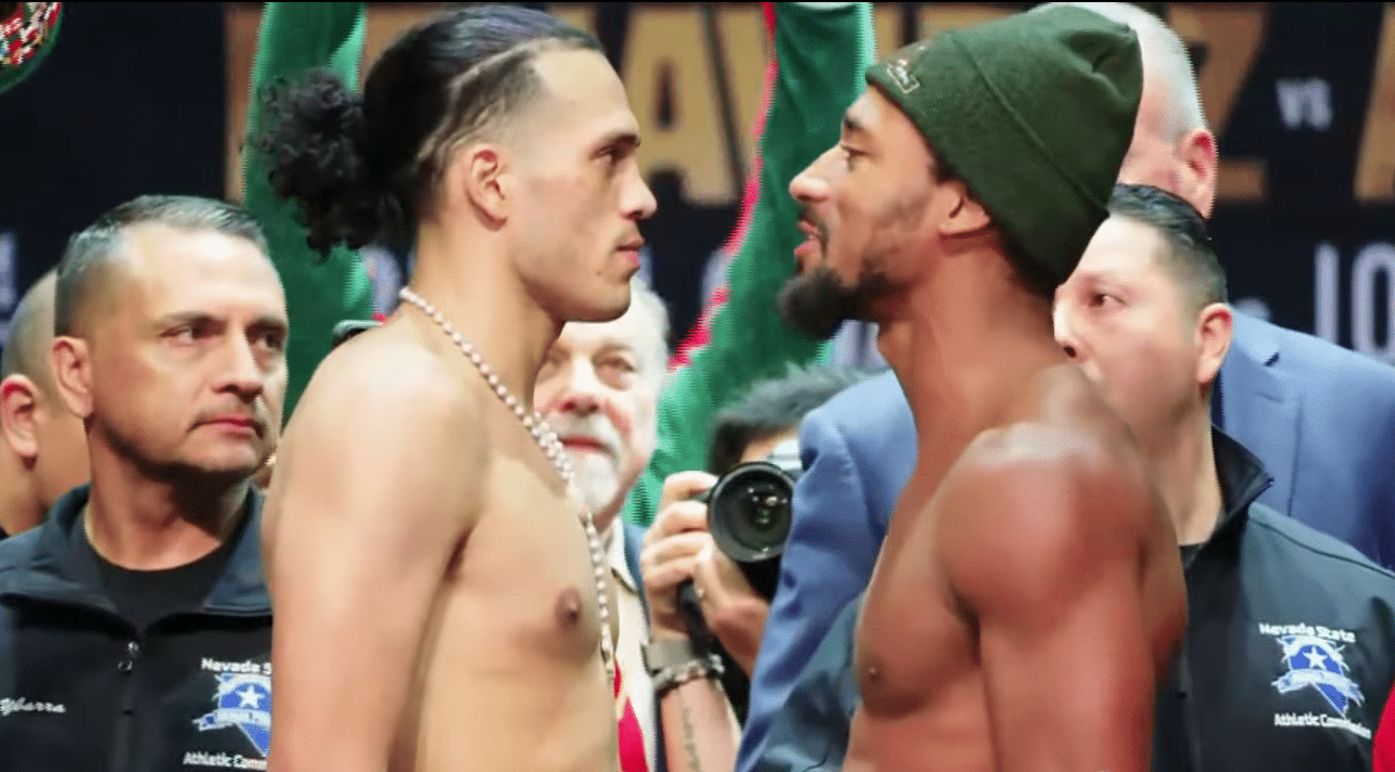 DAVID BENAVÍDEZ A LA IZQUIERDA, Y DEMETRIUS ANDRADE A LA DERECHA, CARA A CARA LUEGO DEL PESAJE