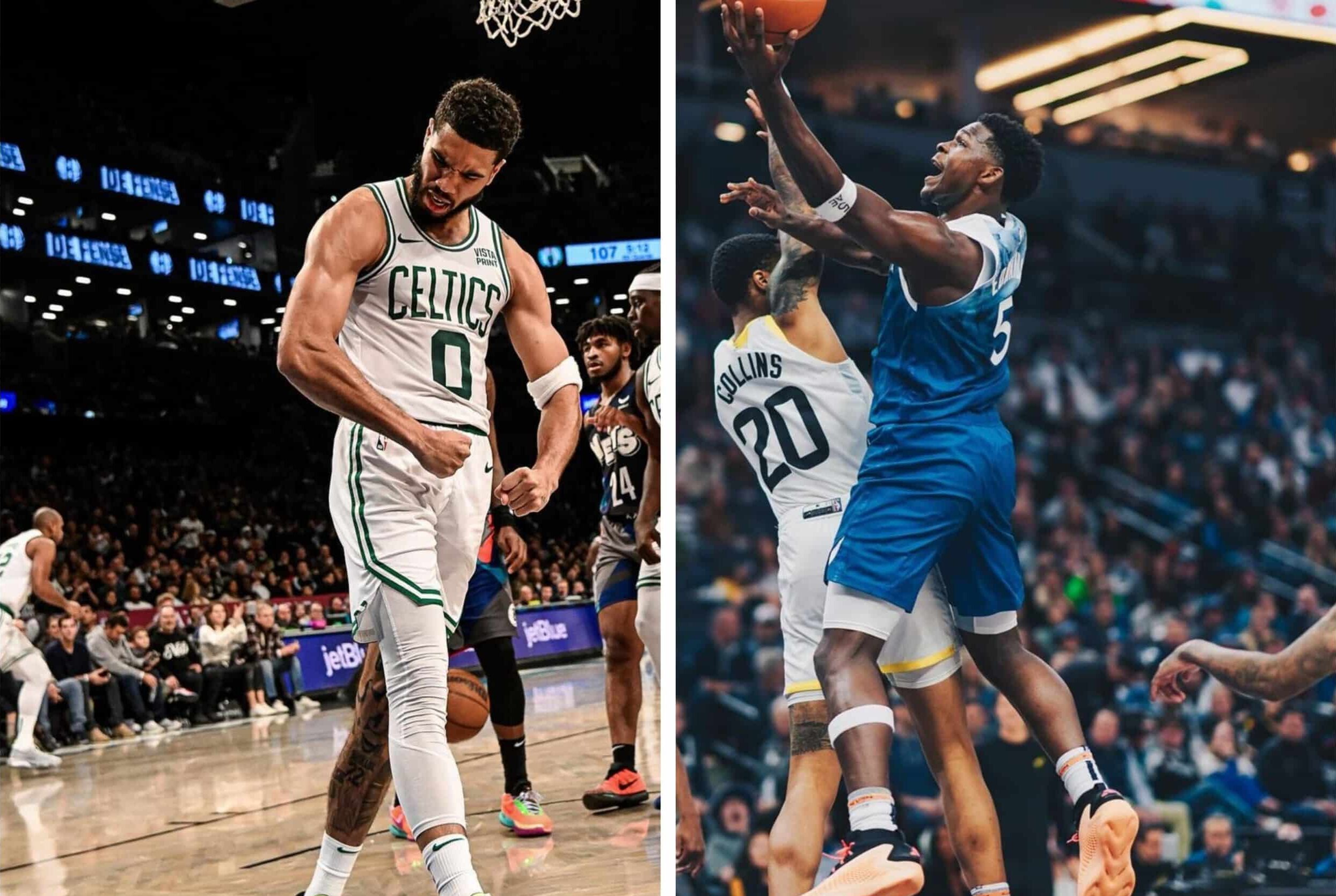 JAYSON TATUM A LA IZQUIERDA DE LOS CELTICS Y ANTHONY EDWARDS DE LOS TIMBERWOLVES A LA DERECHA