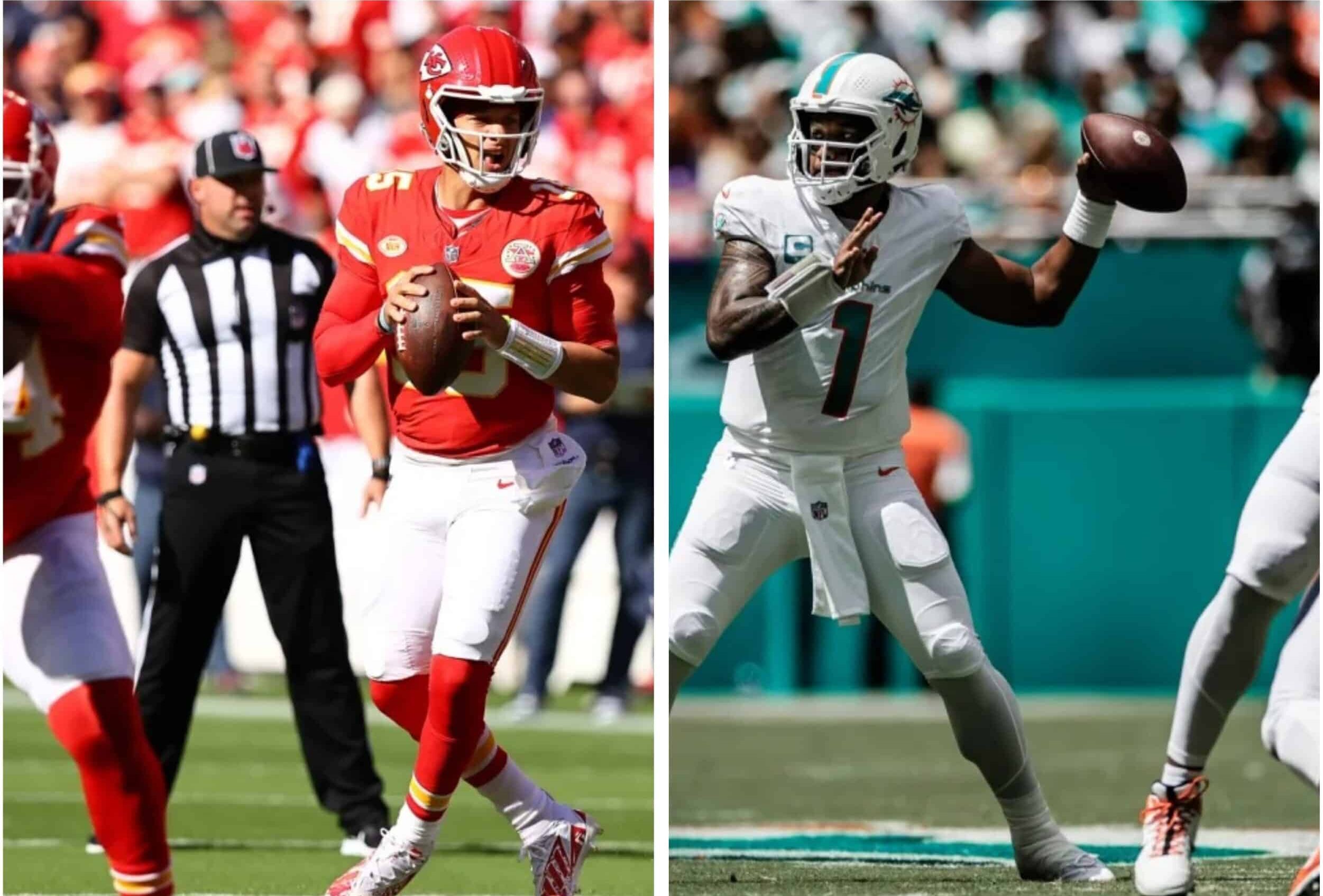 PATRICK MAHOMES DE LOS CHIEFS. LA IZQUIERDA Y TUA TAGOVAILOA DE LOS DOLPHINS A LA DERECHA