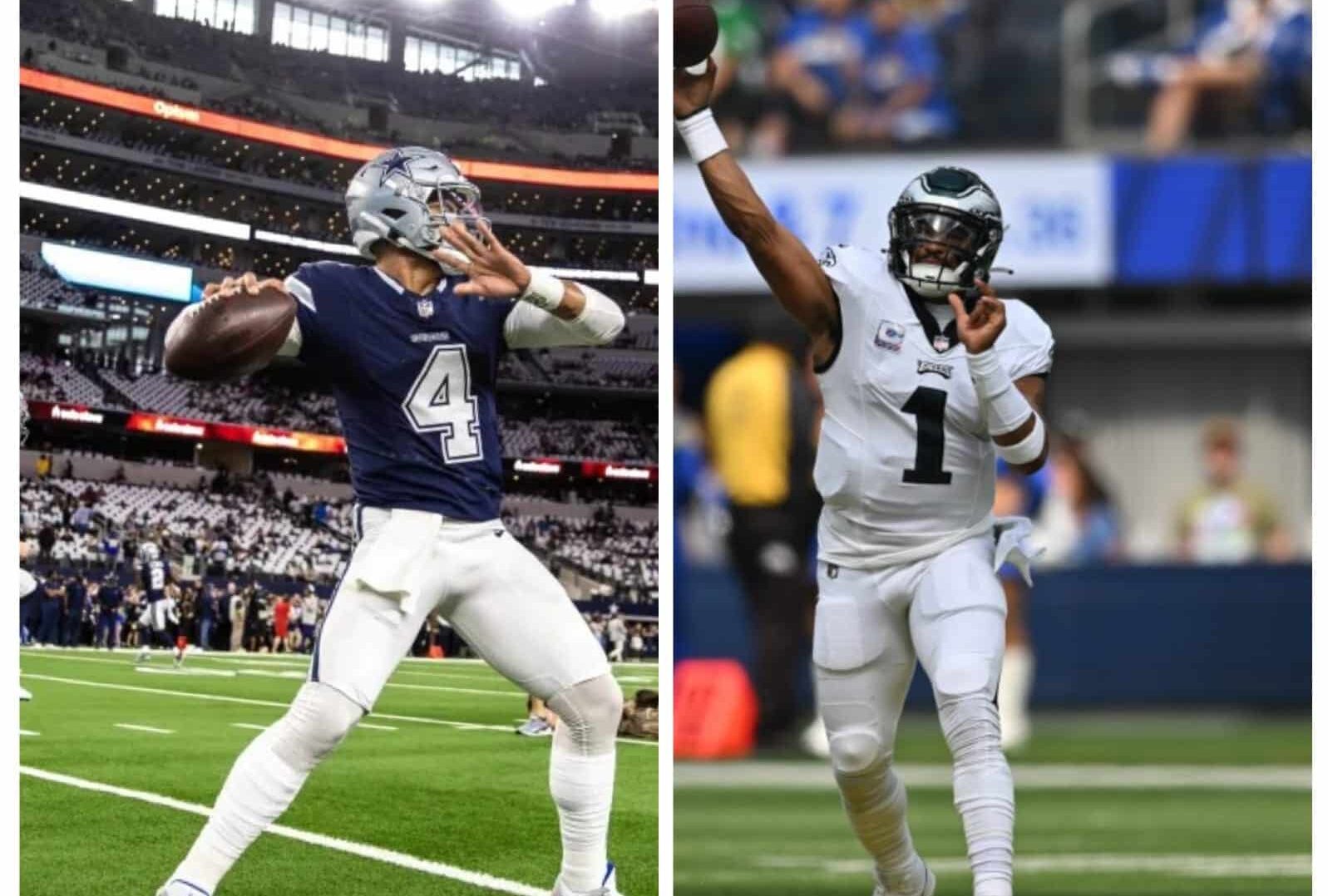 DAK PRESCOTT DE DALLAS A LA IZQUIERDA Y JALEN HURTS DE PHILADELPHIA A LA DERECHA