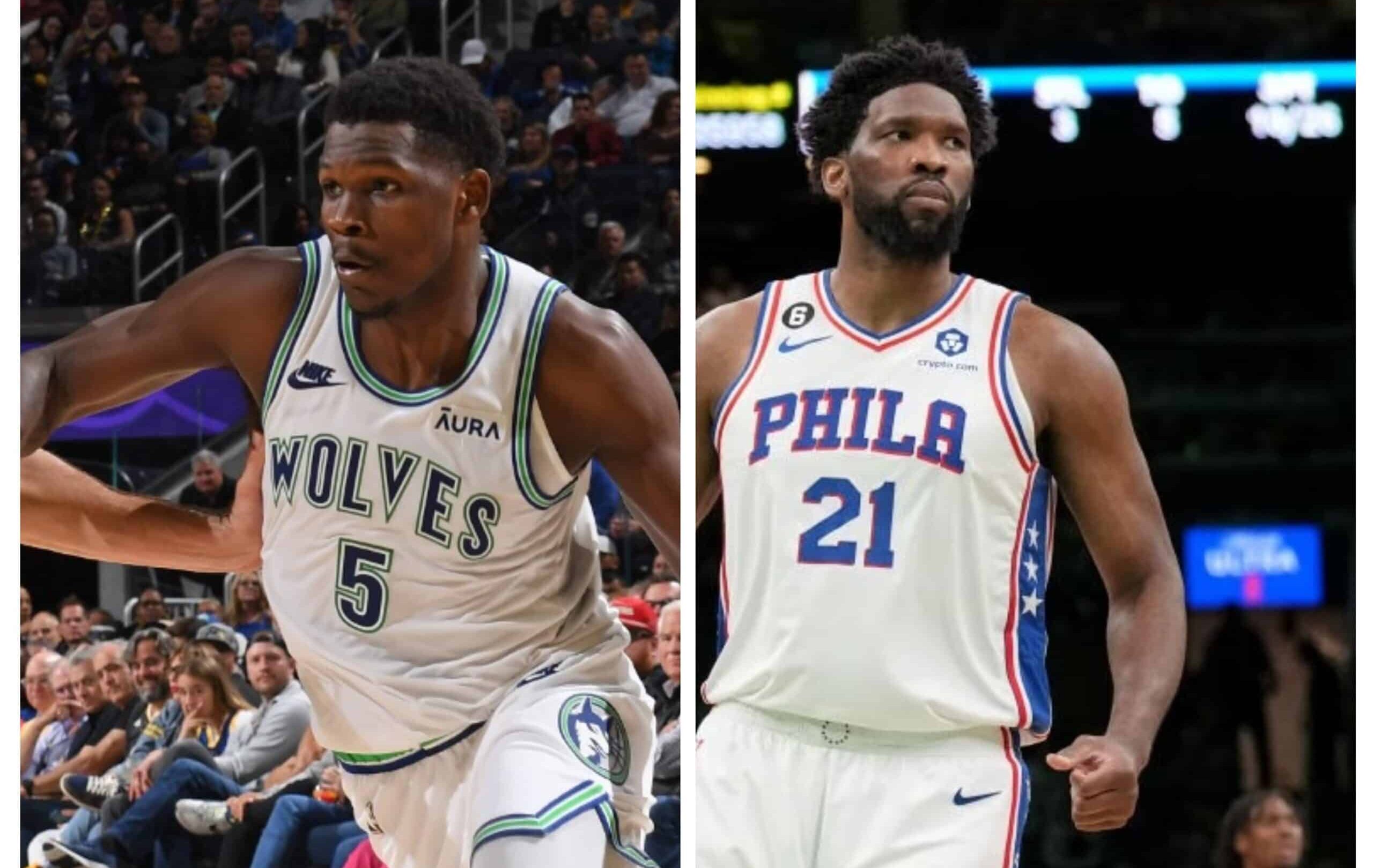 ANTHONY EDWARDS DE LOS TIMBERVOLVES A LA IZQUIERDA, Y JOEL EMBIID DE LOS SIXERS A LA DERECHA