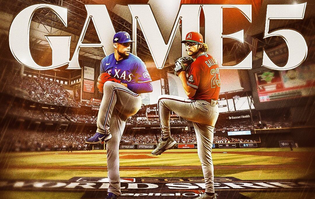 POSTER DE SERIE MUNDIAL ENTRE RANGERS Y DIAMONDBACKS, CON NATHAN EOVALDI Y ZAC GALLEN EN LAS IMÁGENES PRINCIPALES