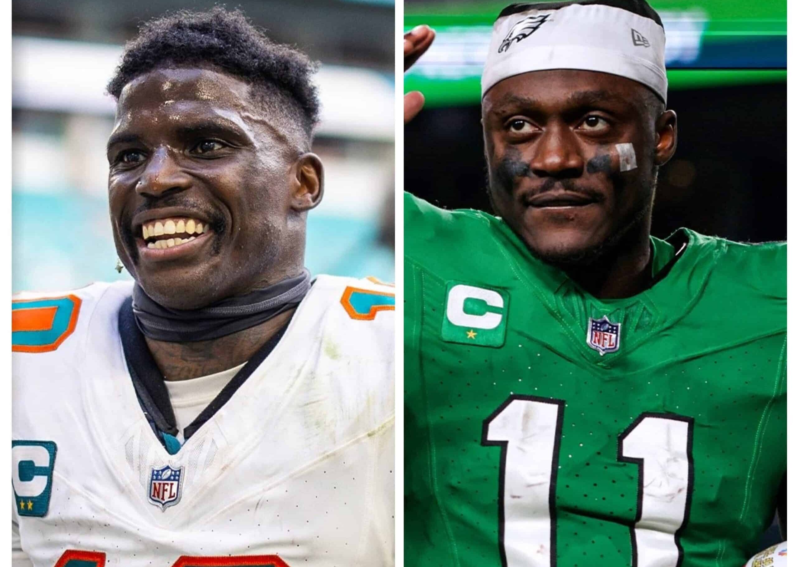 TYREEK HILL (IZQUIERDA) DE LOS DOLPHINS, Y AJ BROWN (DERECHA) DE LOS EAGLES