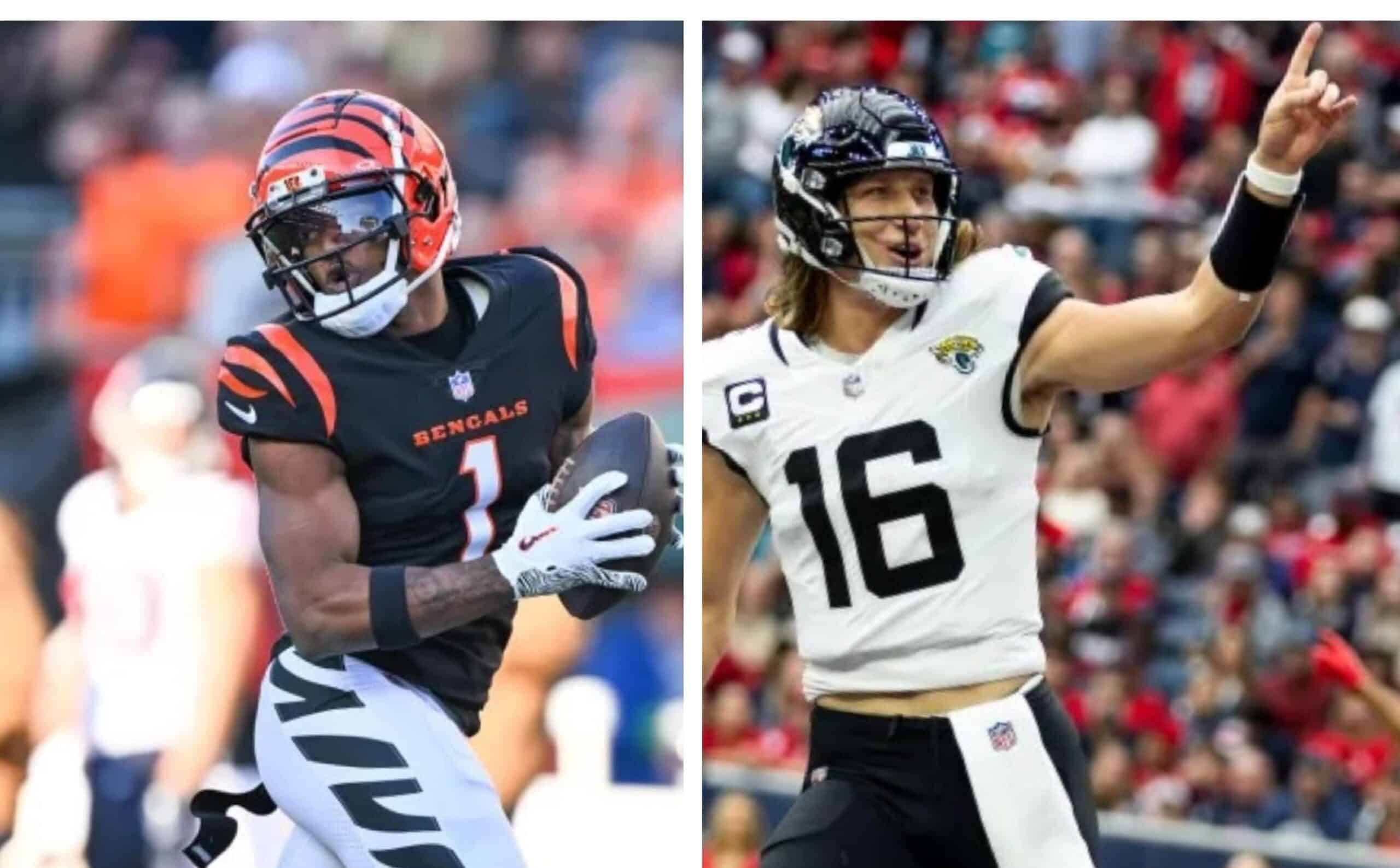JA'MARR CHASE DE LOS BENGALS A LA IZQUIERDA, Y TREVOR LAWRENCE DE JAGUARS A LA DERECHA