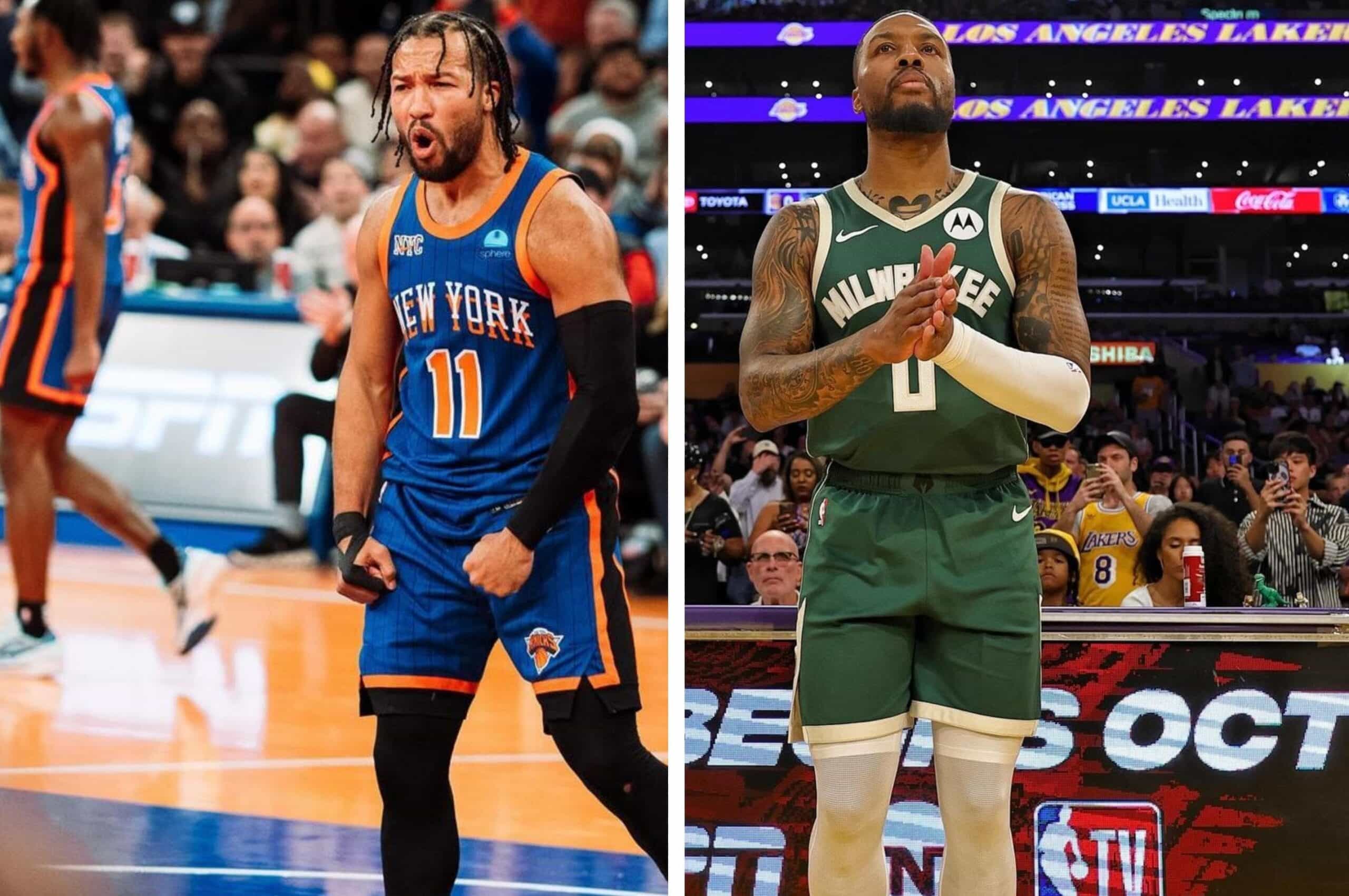 JALEN BRUNSON DE KNICKS A LA IZQUIERDA, Y DAMIAN LILLARD DE LOS BUCKS A LA DERECHA