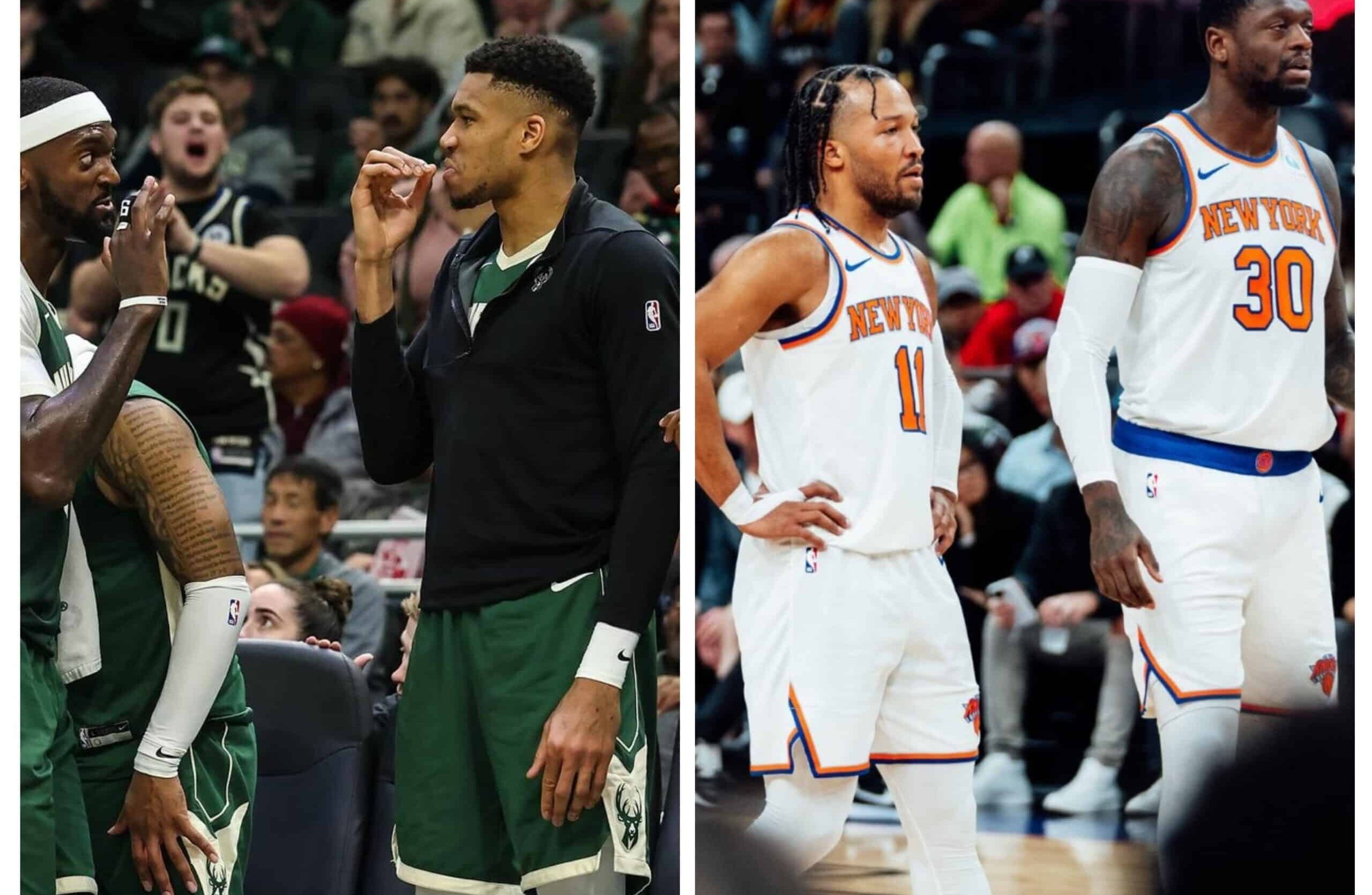 GIANNIS ANTETOKOUNMPO DE LOS BUCKS A LA IZQUIERDA, Y JALEN BRUNSON DE LOS KNICKS A LA DERECHA