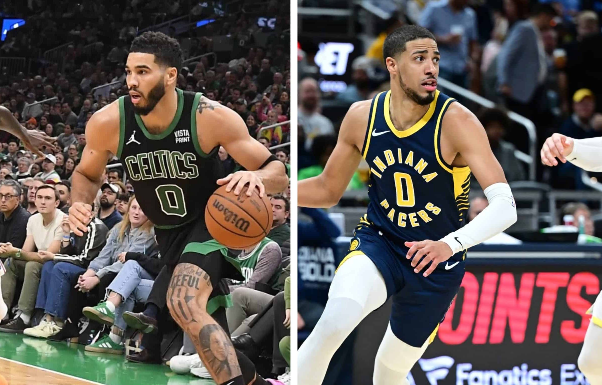 JAYSON TATUM DE LOS CELTICS A LA DERECHA Y TYRESE HALIBURTON DE LOS PACERS A LZ IZQUIERDA