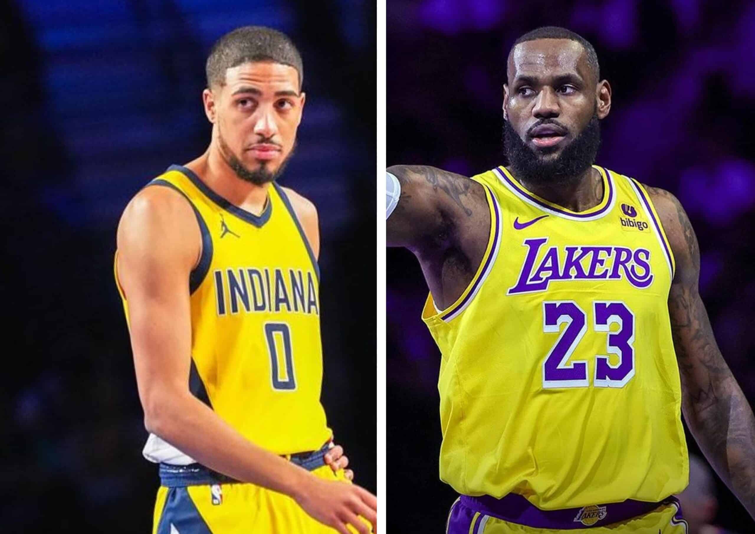 TYRESE HALIBURTON DE LOS PACERS A LA IZQUIERDA, Y LEBRON JAMES DE LAKERS A LA DERECHA