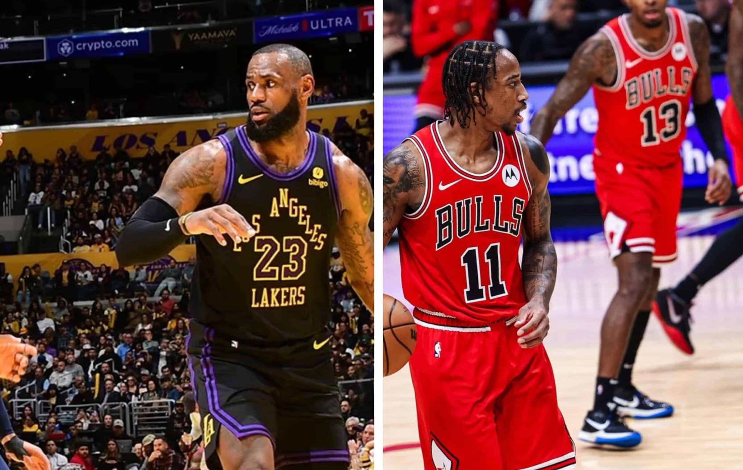 LEBRON JAMES DE LAKERS A LA IZQUIERDA, Y DEMAR DEROZAN DE BULLS A LA DERECHA