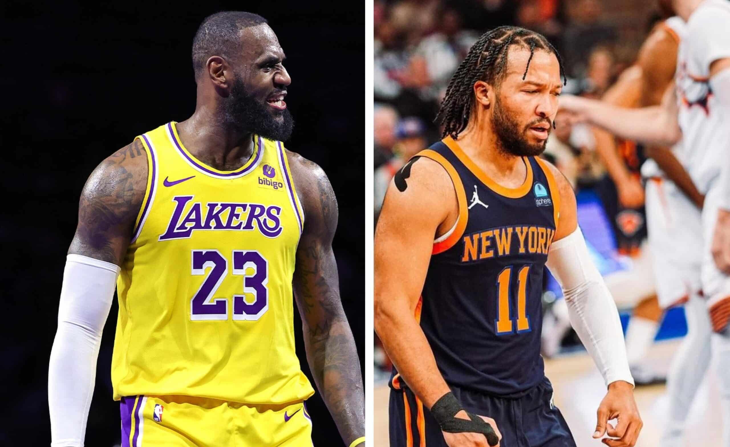 LEBRON JAMES DE LAKERS A LA IZQUIERDA Y JALEN BRUNSON DE KNICKS A LA DERECHA