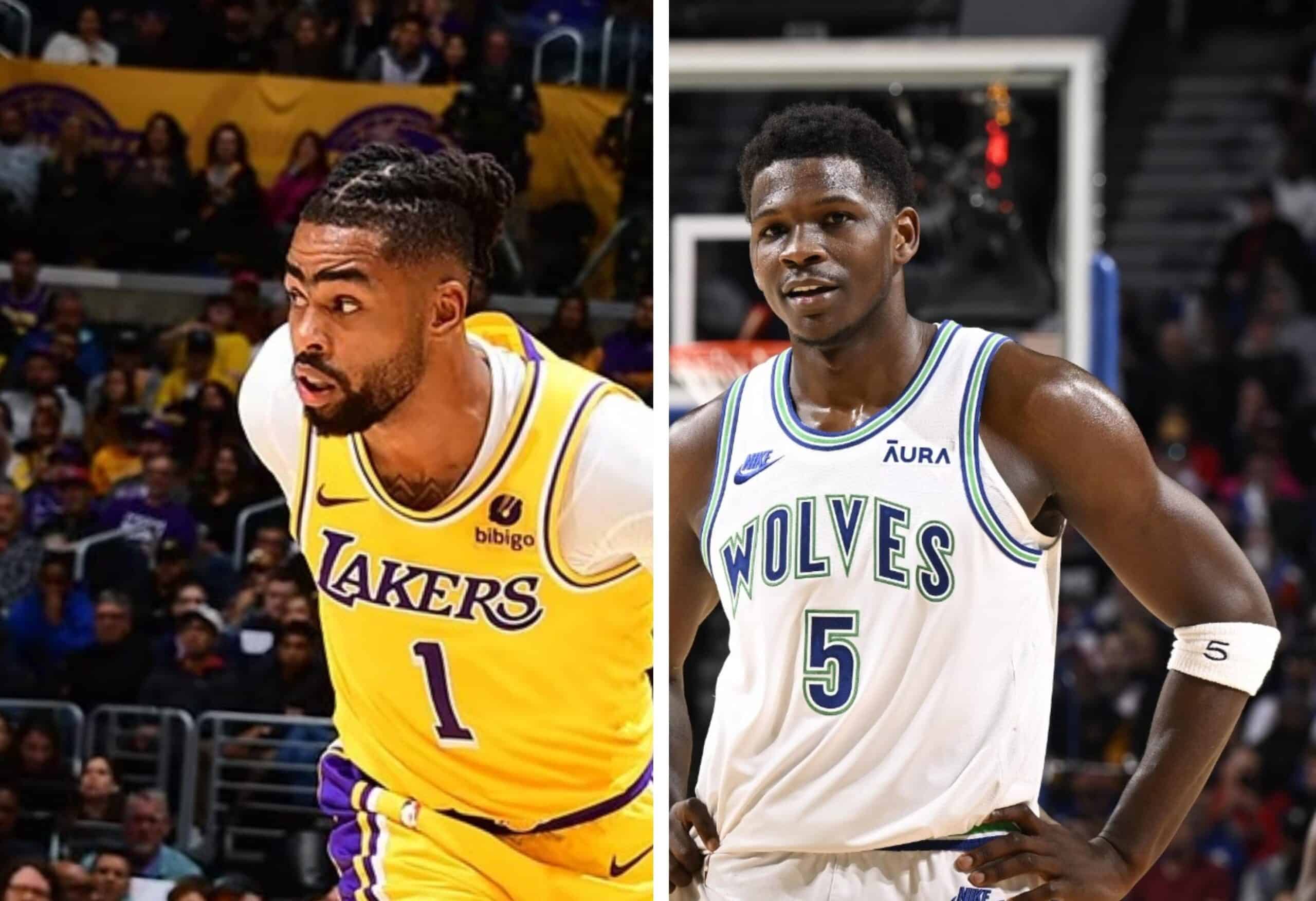 D'ANGELO RUSSELL DE LAKERS A LA IZQUIERDA Y ANTHONY EDWARDS DE TIMBERWOLVES A LA DERECHA