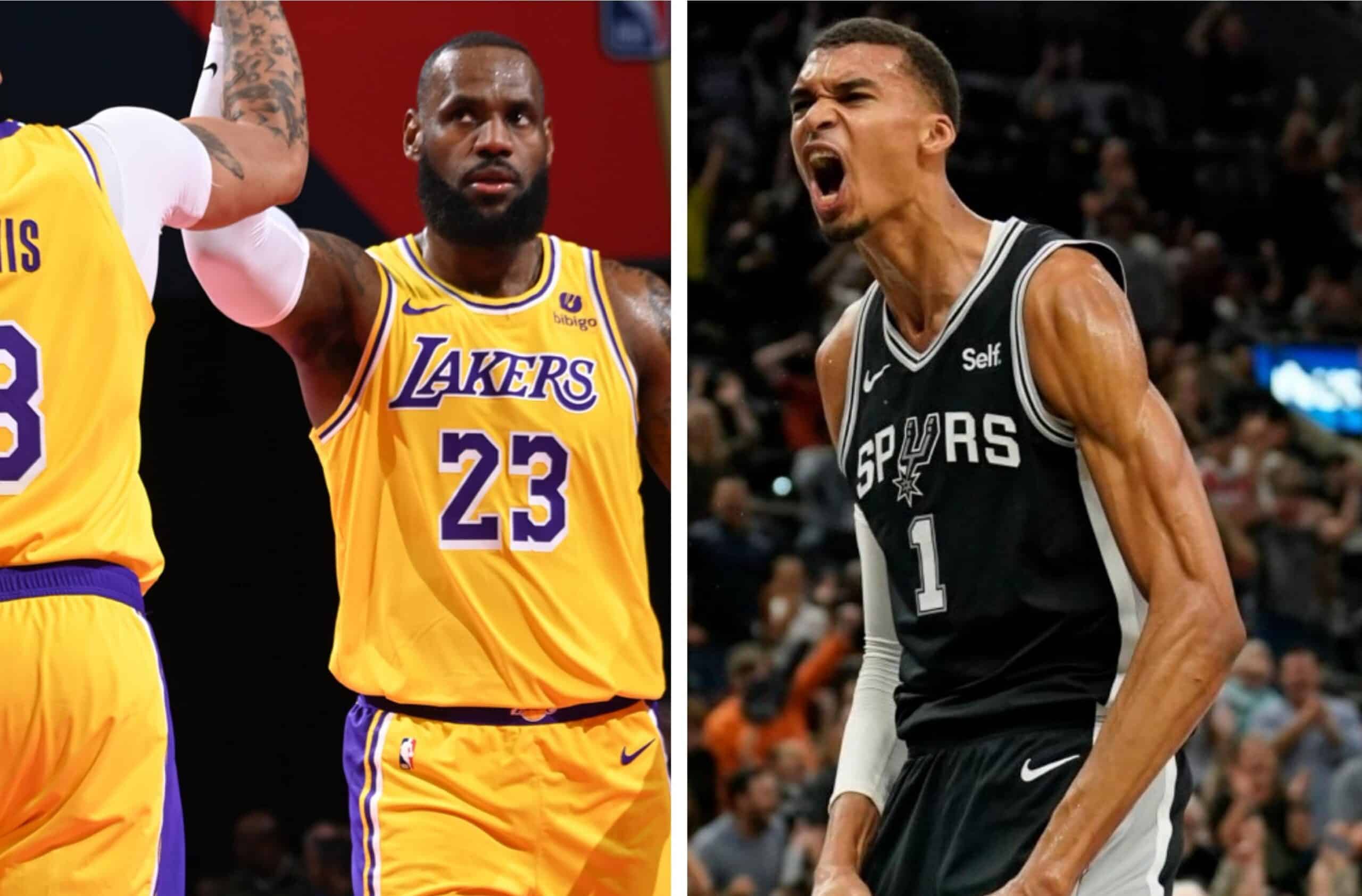 LEBRON JAMES DE LOS LAKERS A LA IZQUIERDA Y VÍCTOR WEMBANYAMA DE LOS SPURS A LA DERECHA