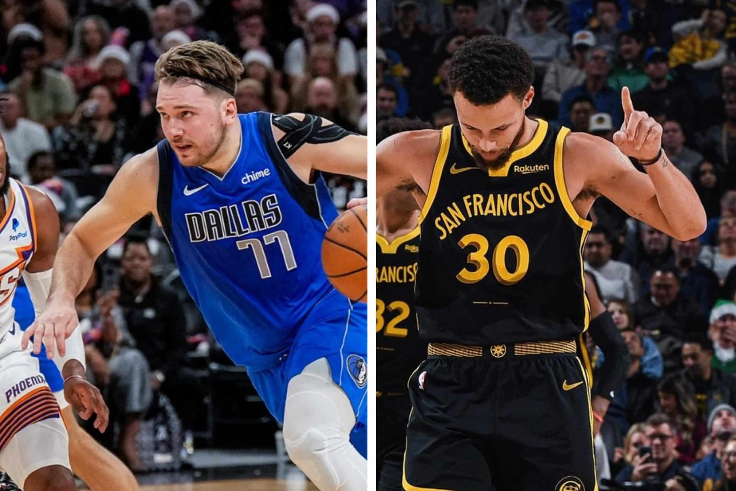 LUKA DONCIC DE LOS MAVERICKS A LA IZQUIERDA Y STEPHEN CURRY DE WARRIORS A LA DERECHA