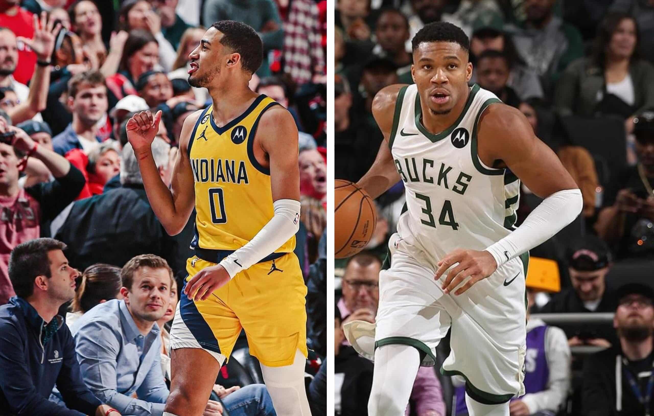 TYRESE HALIBURTON DE LOS PACERS A LA IZQUIERDA, Y GIANNIS ANTETOKOUNMPO DE LOS BUCKS A LA DERECHA