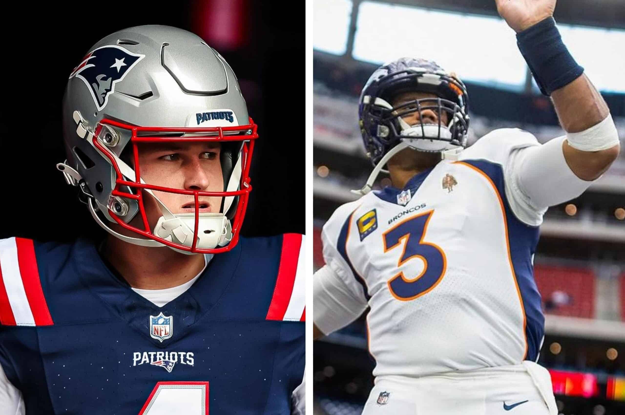 BAILEY ZAPPE DE LOS PATRIOTS A LA IZQUIERDA Y RUSSELL WILSON DE LOS BRONCOS A LA DERECHA