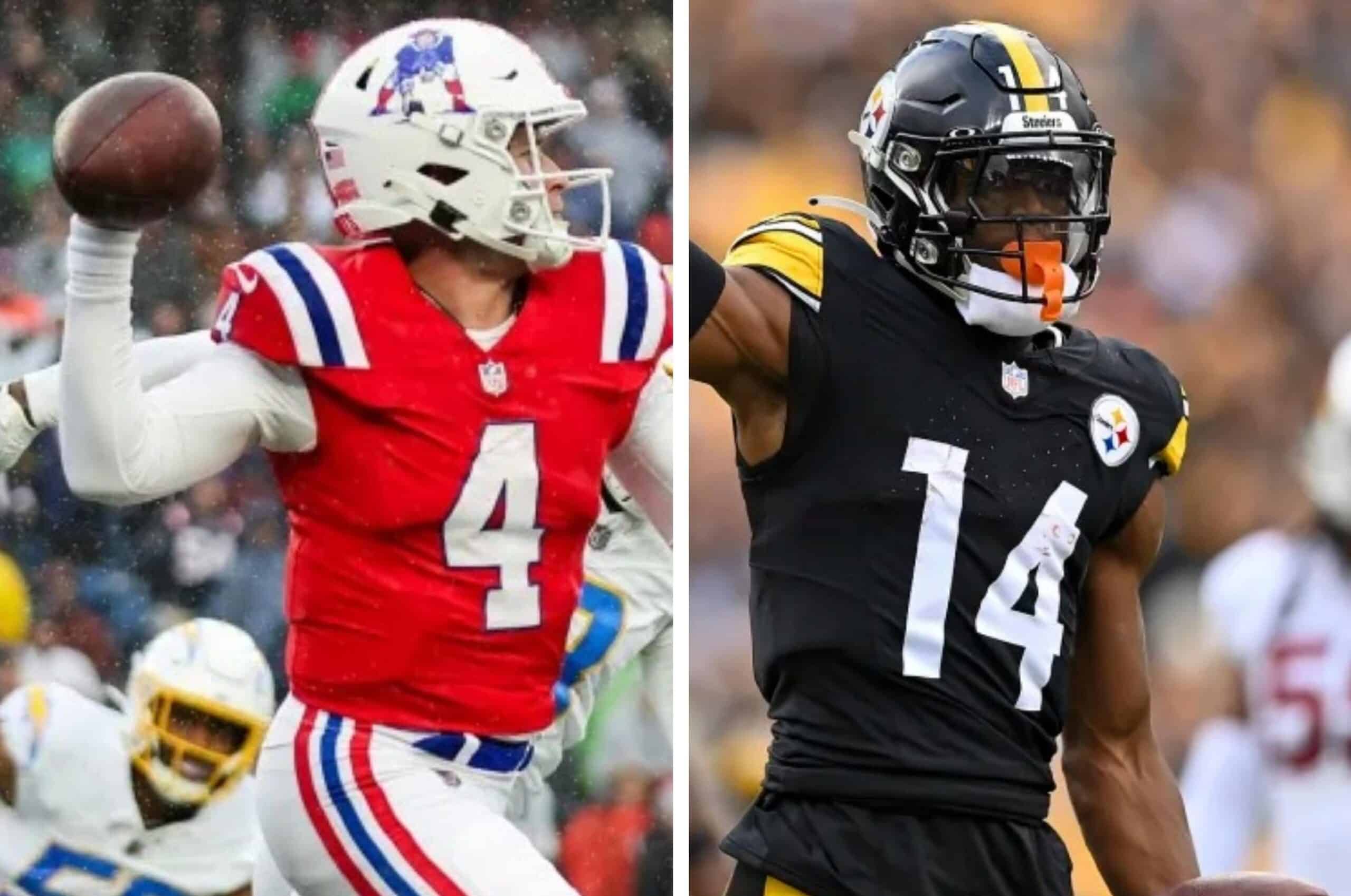 BAILEY ZAPPE DE LOS PATRIOTS A LA IZQUIERDA Y GEORGE PICKENS DE LOS STEELERS A LA DERECHA