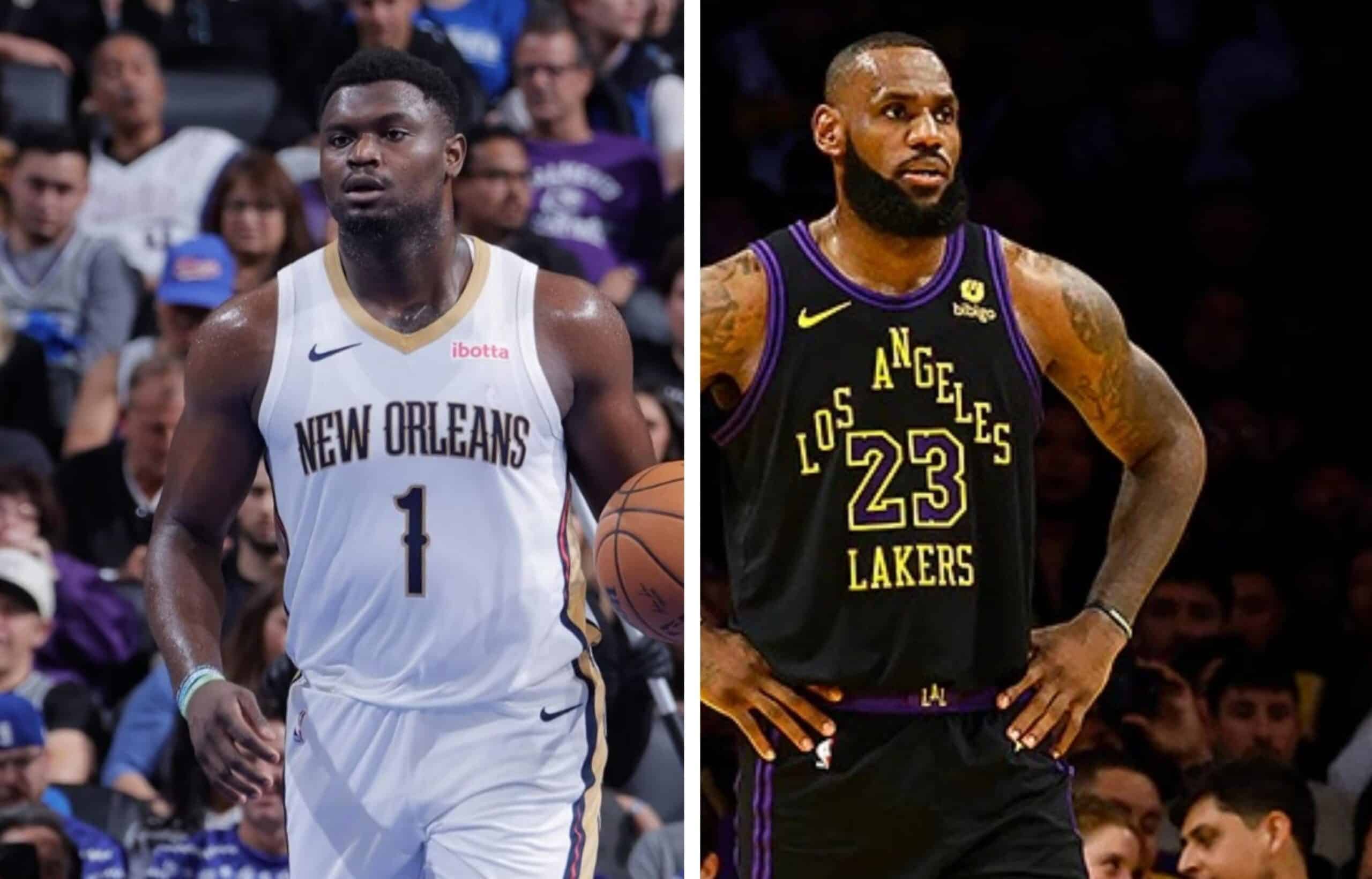 ZION WILLIAMSON DE LOS PELICANS A LA IZQUIERDA Y LEBRON JAMES DE LOS LAKERS A LA DERECHA