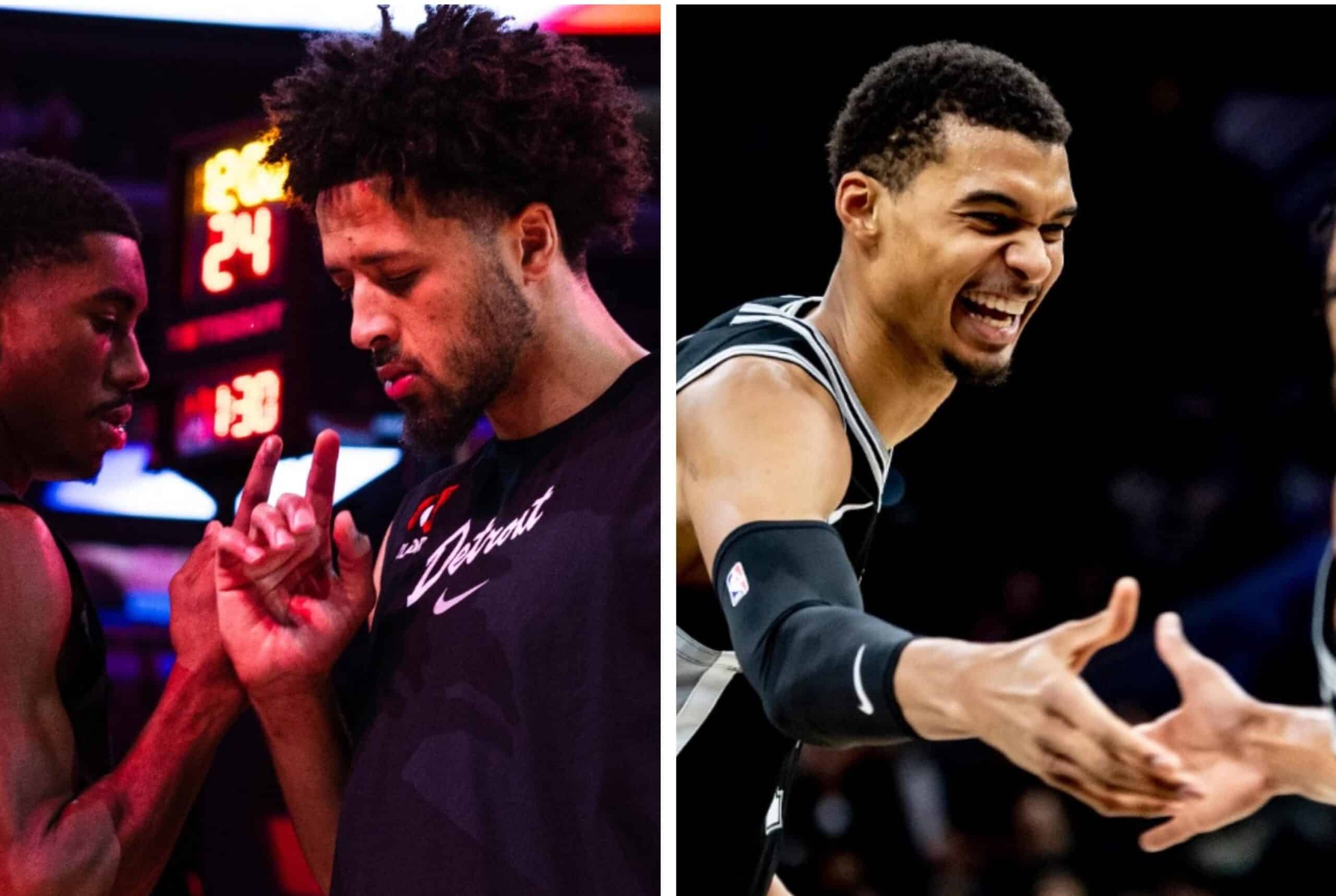 CADE CUNNINGHAM DE LOS PISTONS A LA IZQUIERDA Y VÍCTOR WEMBANYAMA DE LOS SPURS A LA DERECHA