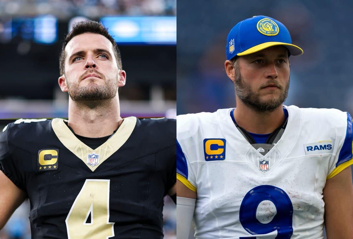 DERECK CARR DE SAINTS A LA IZQUIERDA, Y MATTHEW STAFFORD DE RAMS A LA DERECHA
