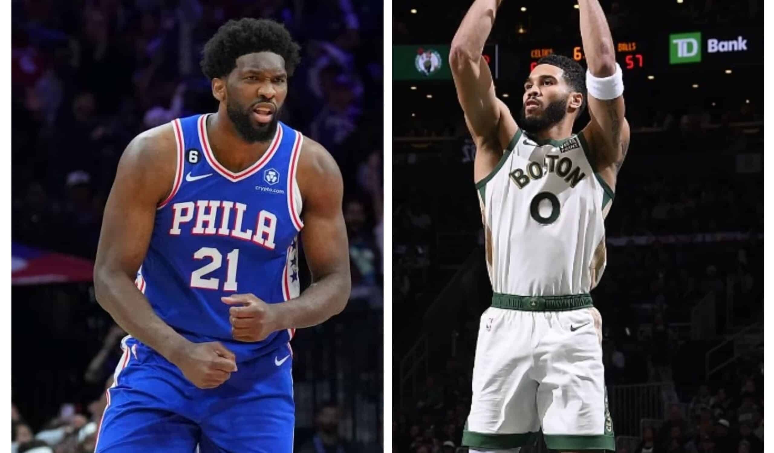 JOEL EMBIID DE LOS SIXERS A LA IZQUIERDA Y JAYSON TATUM DE LOS CELTICS A LA DERECHA