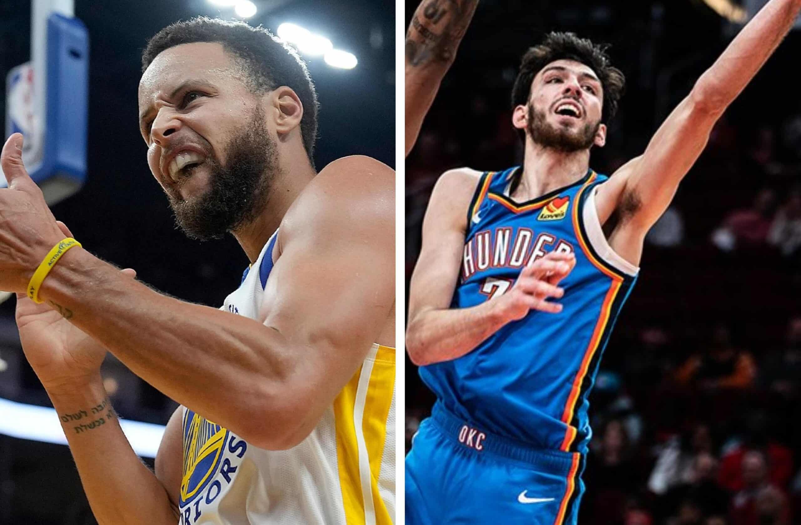 STEPHEN CURRY A LA IZQUIERDA DE LOS WARRIORS Y CHET HOLMGREN DEL THUNDER A LA DERECHA