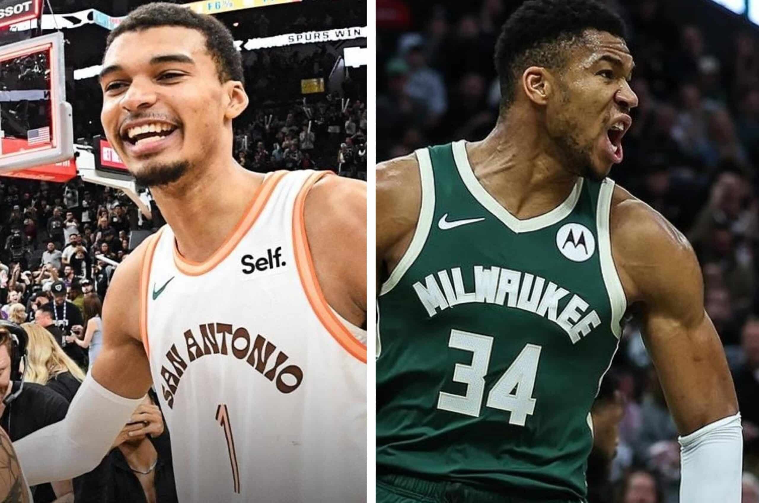 VÍCTOR WEMBANYAMA DE SPURS A LA IZQUIERDA Y GIANNIS ANTETOKOUNMPO DE BUCKS A LA DERECHA