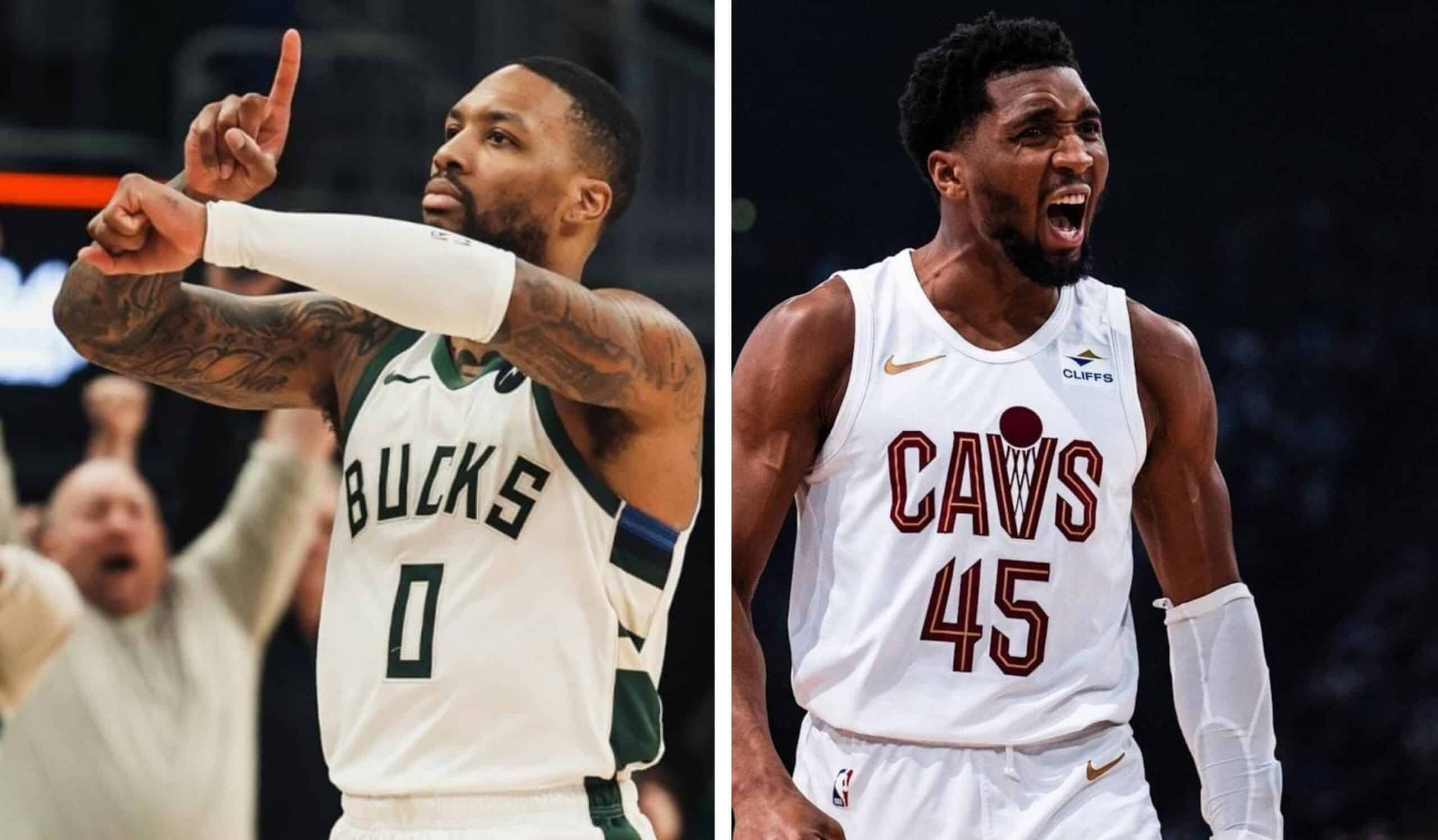 DAMIAN LILLARD DE LOS BUCKS A LA IZQUIERDA, Y DONOVAN MITCHELL DE LOS CAVALIERS A LA DERECHA