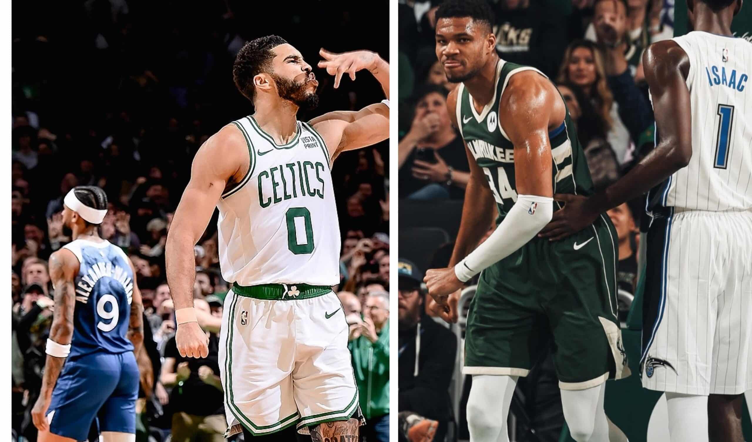 JAYSON TATUM DE LOS CELTICS A LA IZQUIERDA Y GIANNIS ANTETOKOUNMPO DE LOS BUCKS A LA DERECHA