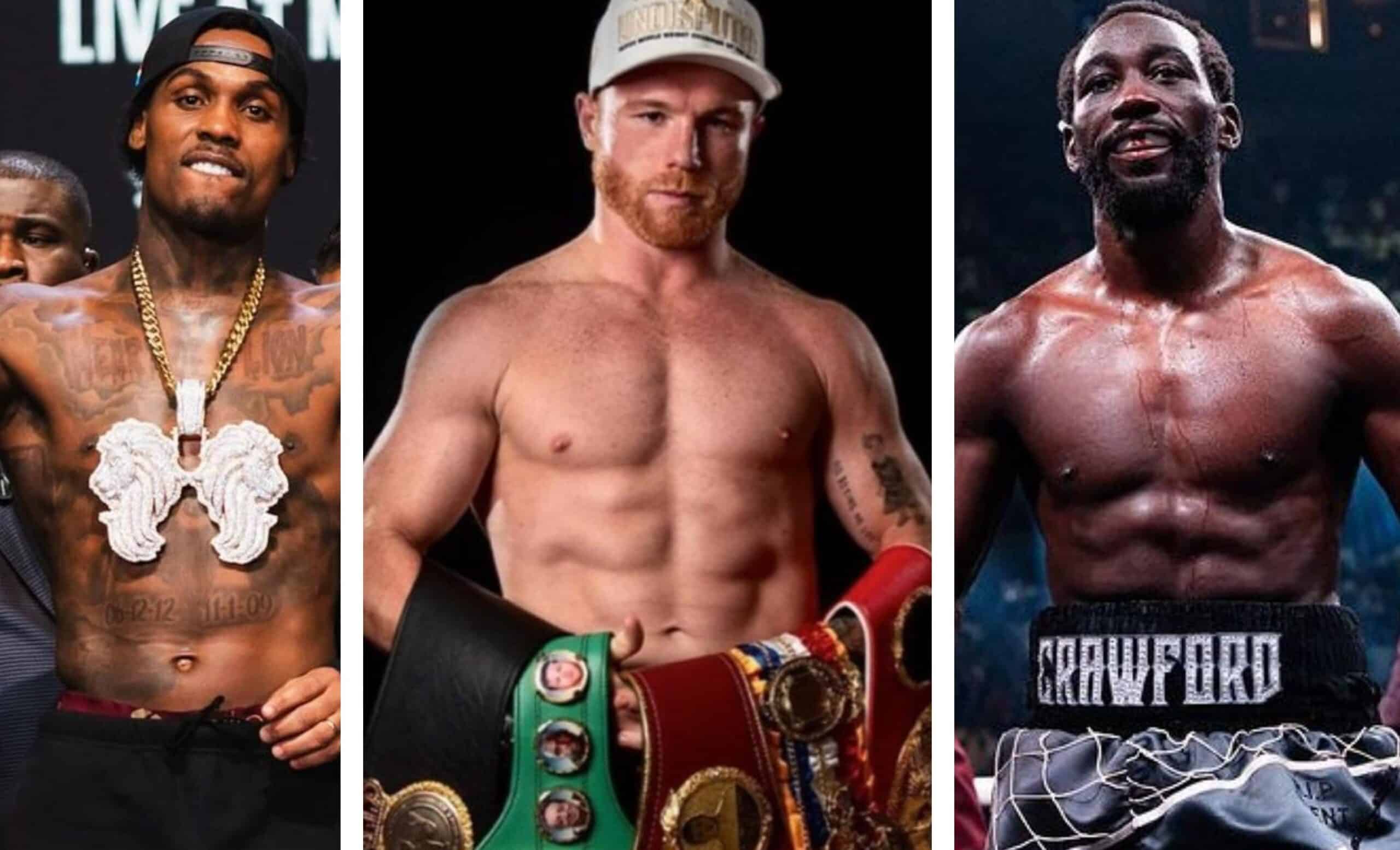 JERMALL CHARLO A LA IZQUIERDA, CANELO AL CENTRO, Y TERENCE CRAWFORD A LA DERECHA