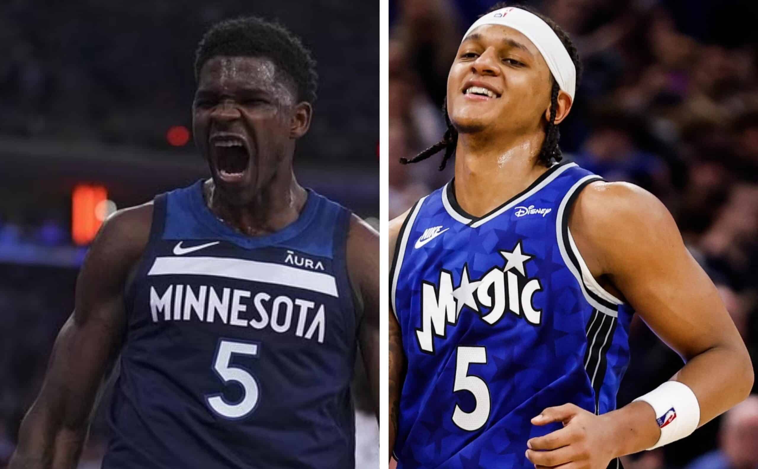ANTHONY EDWARDS DE LOS TIMBERWOLVES A LA IZQUIERAD, Y PAOLO BANCHERO DEL MAGIC A LA DERECHA