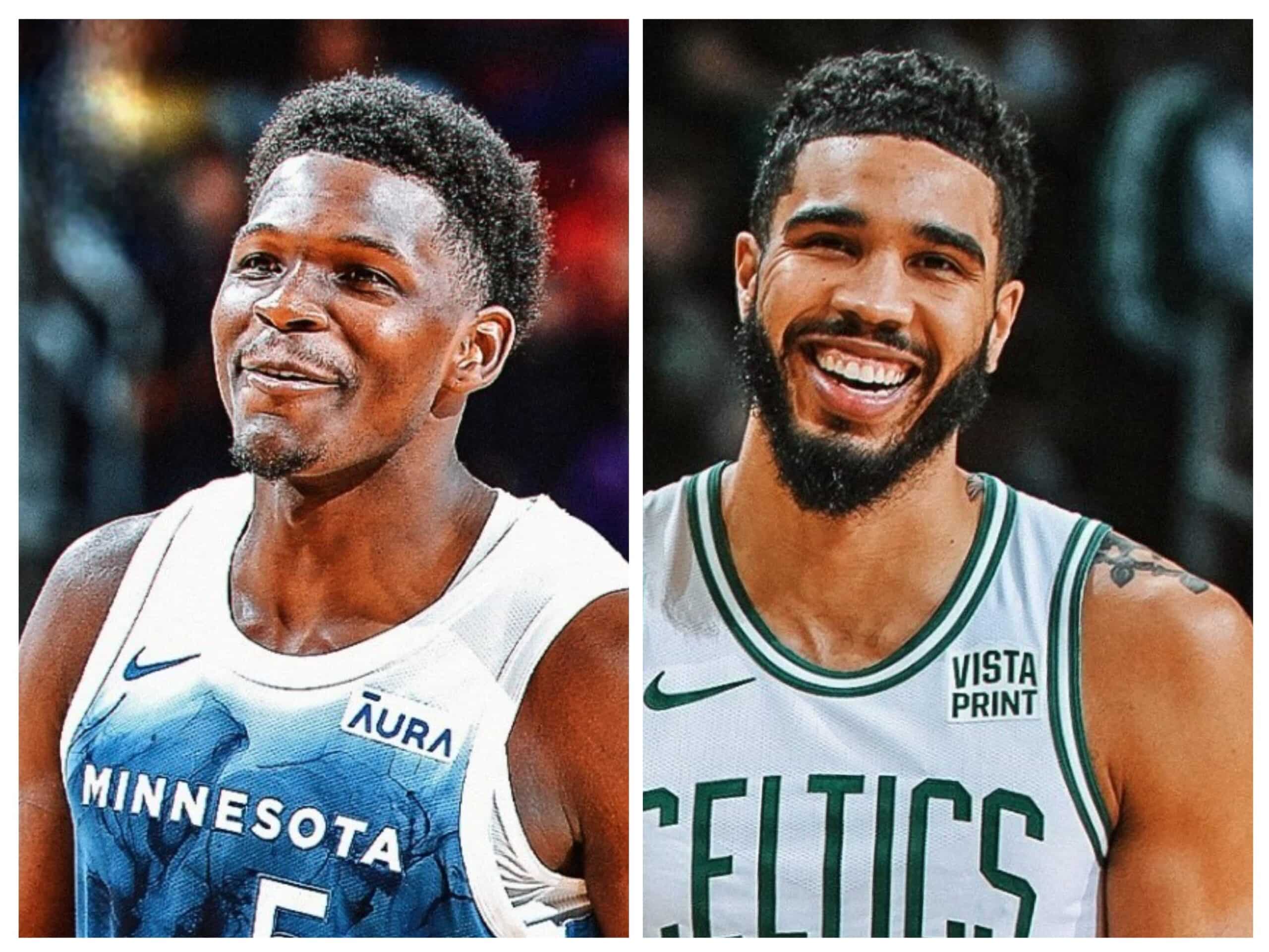 ANTHONY EDWARDS DE MINNESOTA A LA IZQUIERDA Y JAYSON TATUM DE LOS CELTICS A LA DERECHA