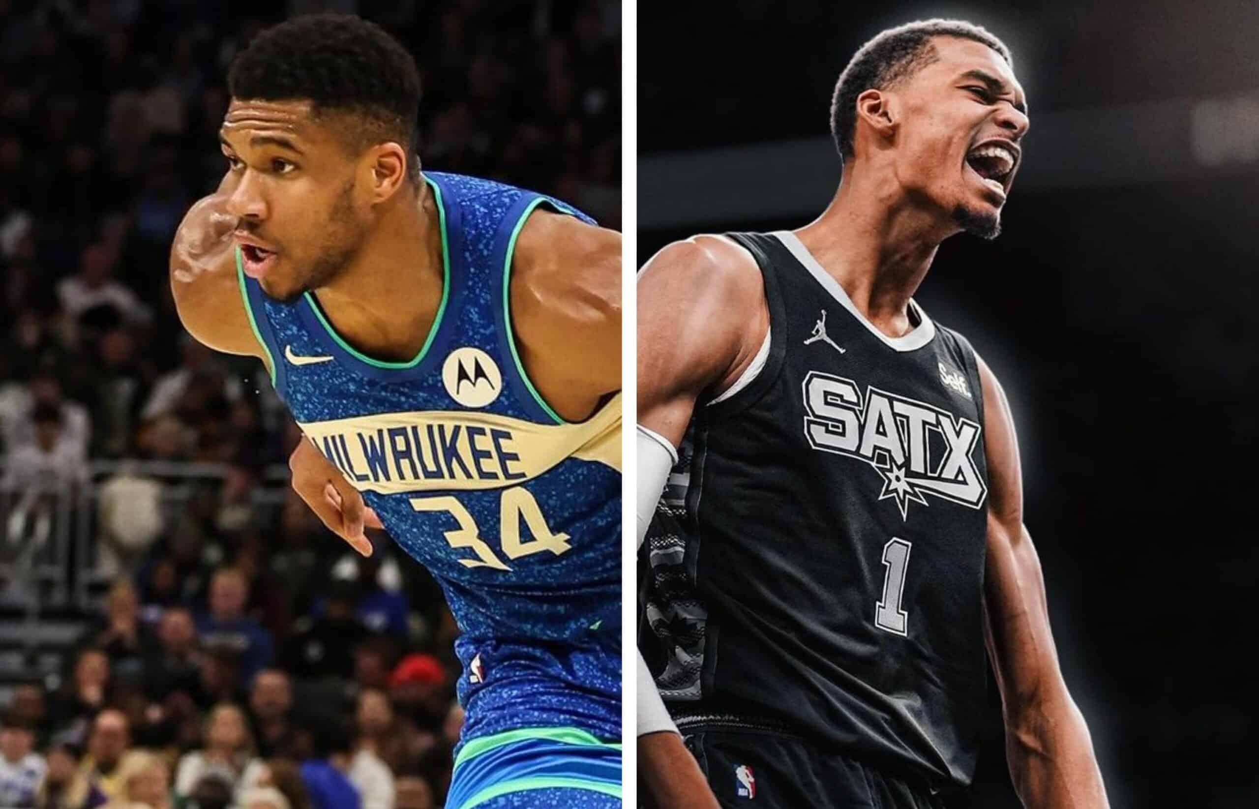 GIANNIS ANTETKOUNMPO DE LOS BUCKS A LA IZQUIERDA Y VÍCTOR WEMBANYAMA DE LOS SPURS A LA DERECHA