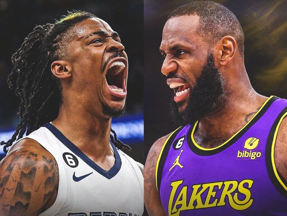 JA MORANT DE GRIZZLIES A LA IZQUIERDA Y LEBRON JAMES DE LAKERS A LA DERECHA