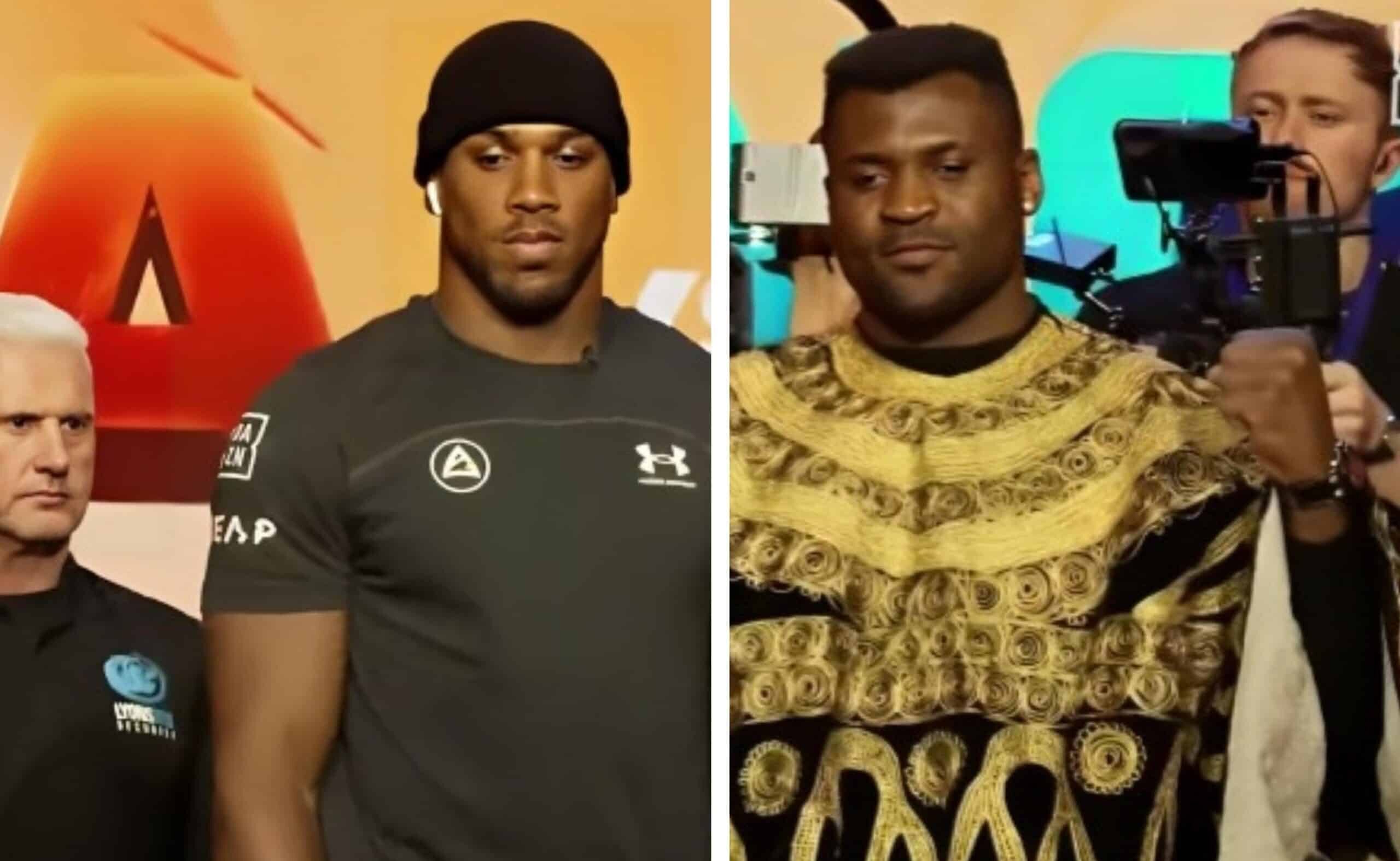 ANTHONY JOSHUA A LA IZQUIERDA Y FRANCIS NGANNOU A LA DERECHA, POSAN PARA LA FOTO LUEGO DE LA RUEDA DE PRENSA
